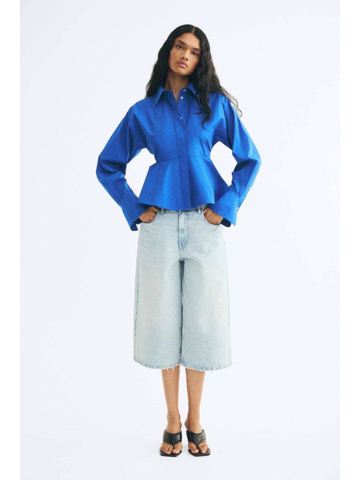 Women Blue Cotton Poplin Peplum Shirt | S67 - view 2