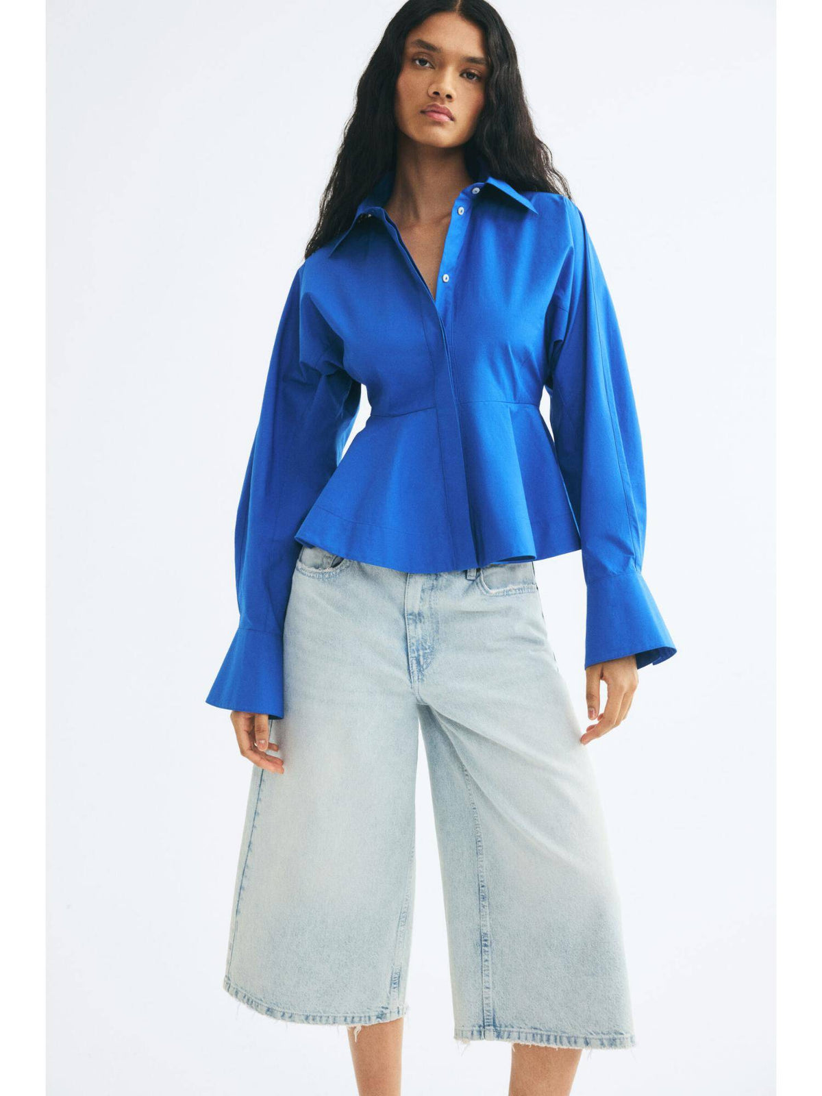 Women Blue Cotton Poplin Peplum Shirt | S67 - view 3