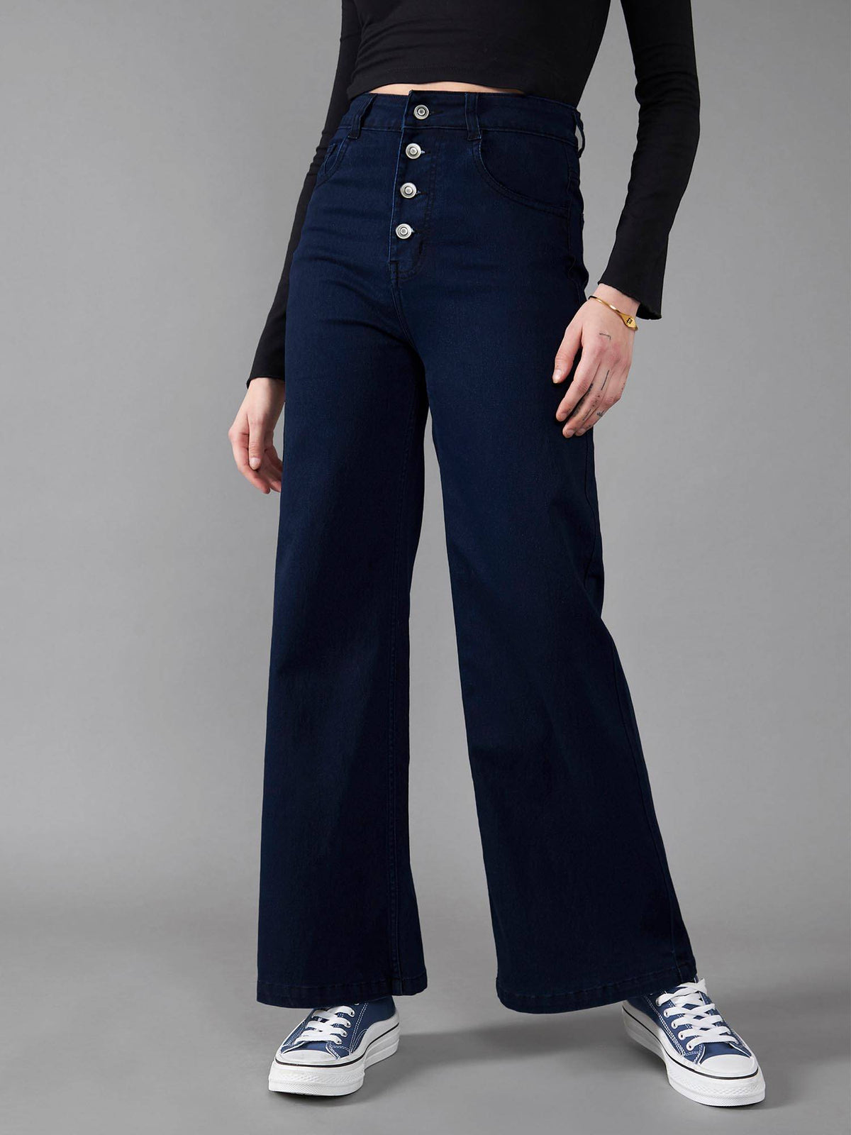 Womens Black Wide Leg High Rise Regular Stretchable Jeans | WL90 - view 15
