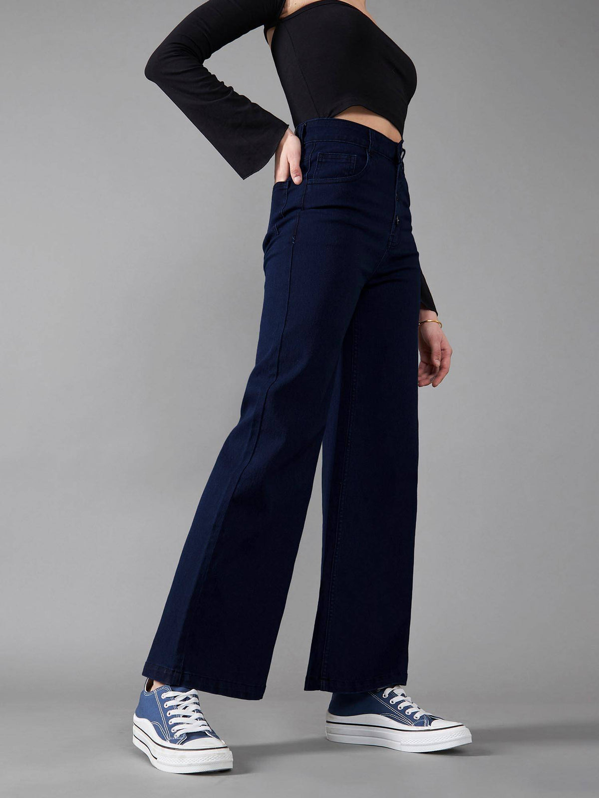 Womens Black Wide Leg High Rise Regular Stretchable Jeans | WL90 - view 14