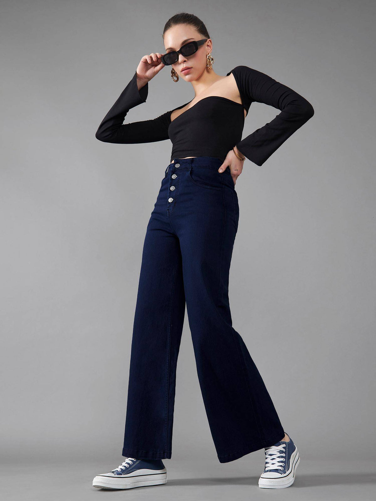 Womens Black Wide Leg High Rise Regular Stretchable Jeans | WL90 - view 16
