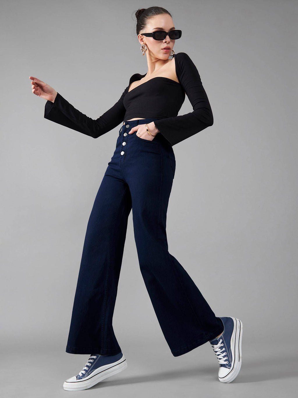 Womens Black Wide Leg High Rise Regular Stretchable Jeans | WL90 - view 19