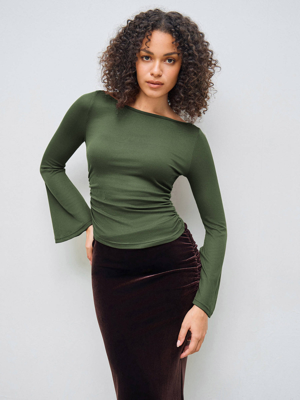 Boat Neck Solid Ruched Long Sleeve Tee | TS56 - view 15