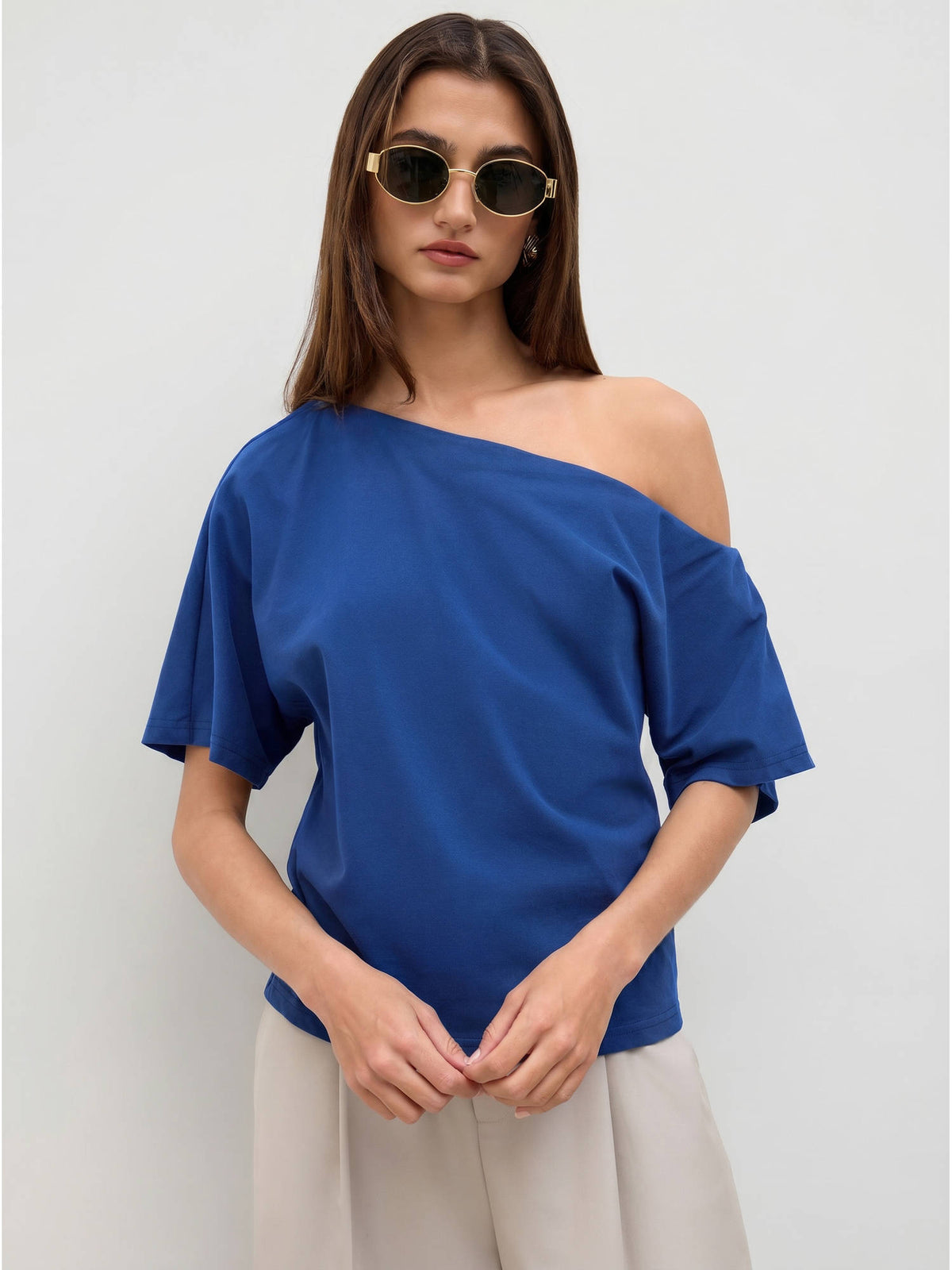 Cotton-blend Asymmetrical Neck Ruched Tee | TS56 - view 20