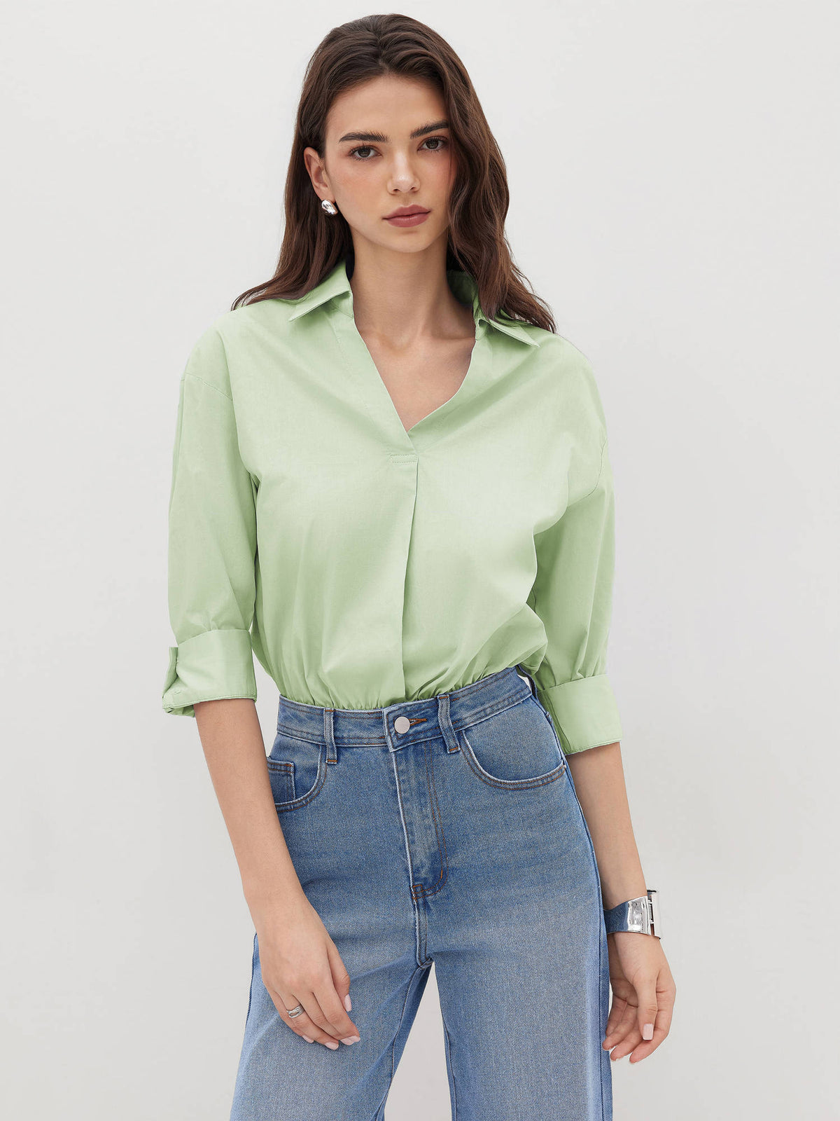 100% Cotton Collar Roll-up Sleeve Shirt Bodysuit | CI9 - view 68