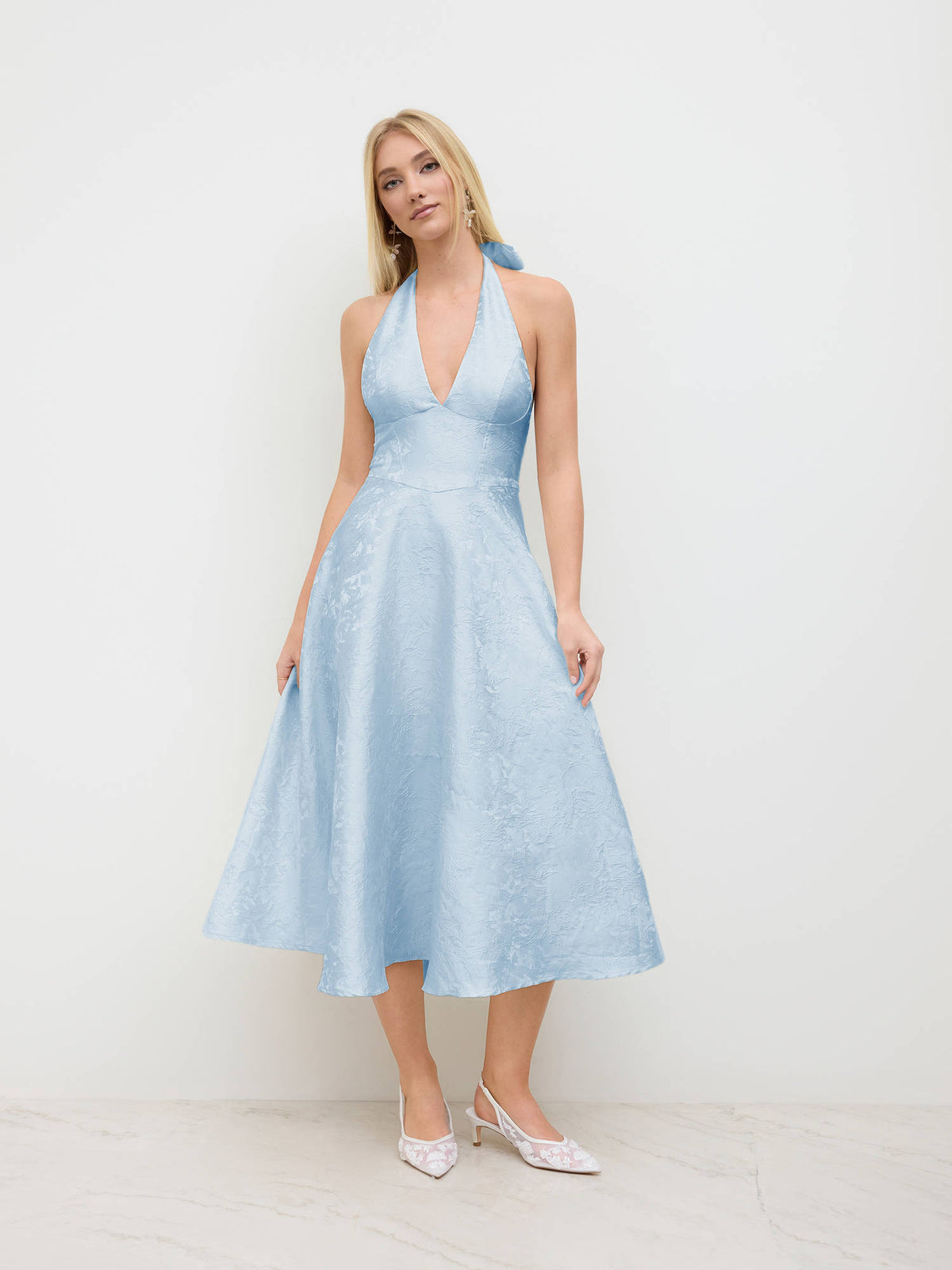 Jacquard Halter Neckline Floral Lace Up Midi Dress | D56 - view 41