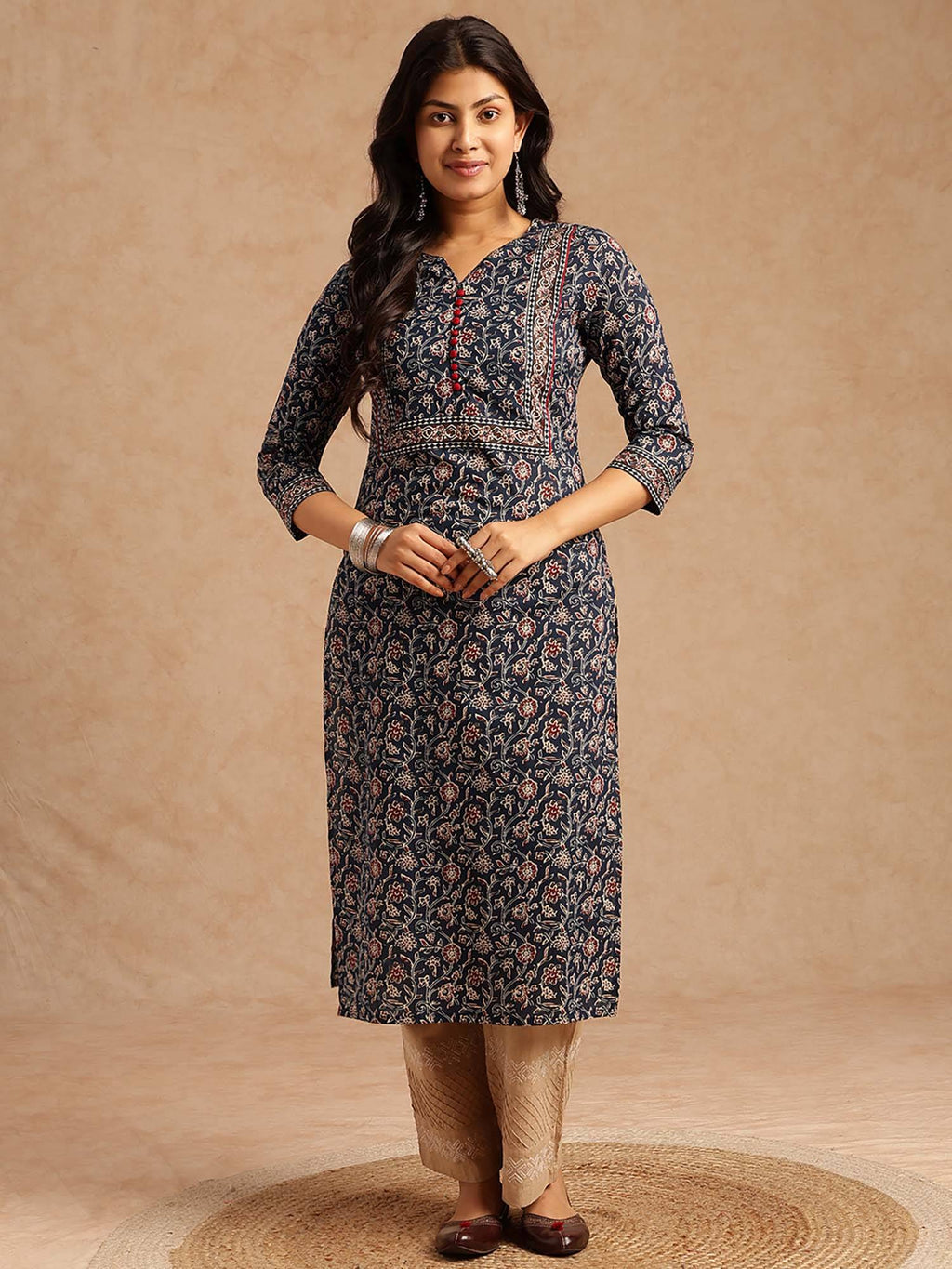 Women Floral Print With Lace Work Straight Cotton Brown Kurta | FY93 - view 8