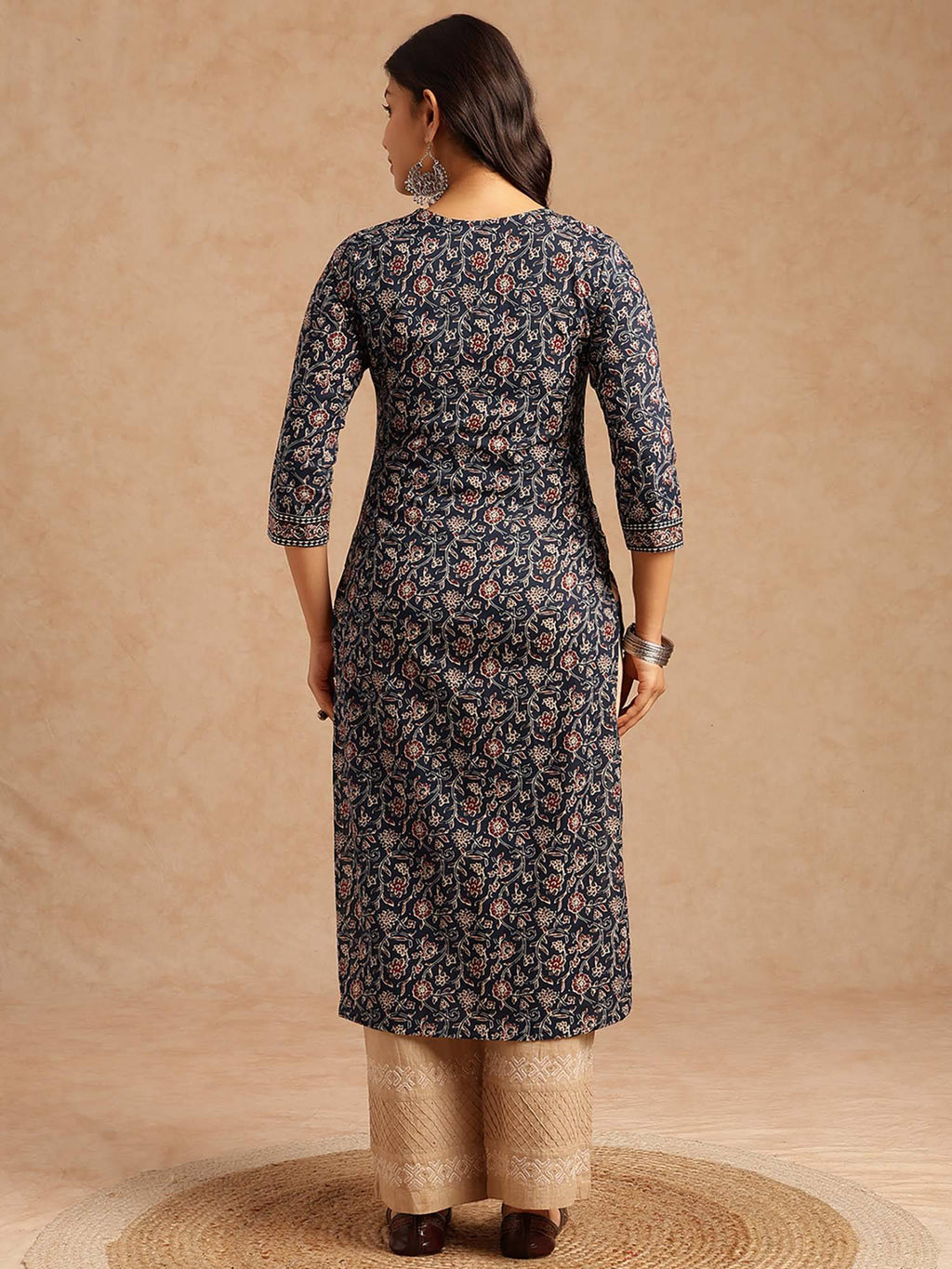 Women Floral Print With Lace Work Straight Cotton Brown Kurta | U3S - view 9