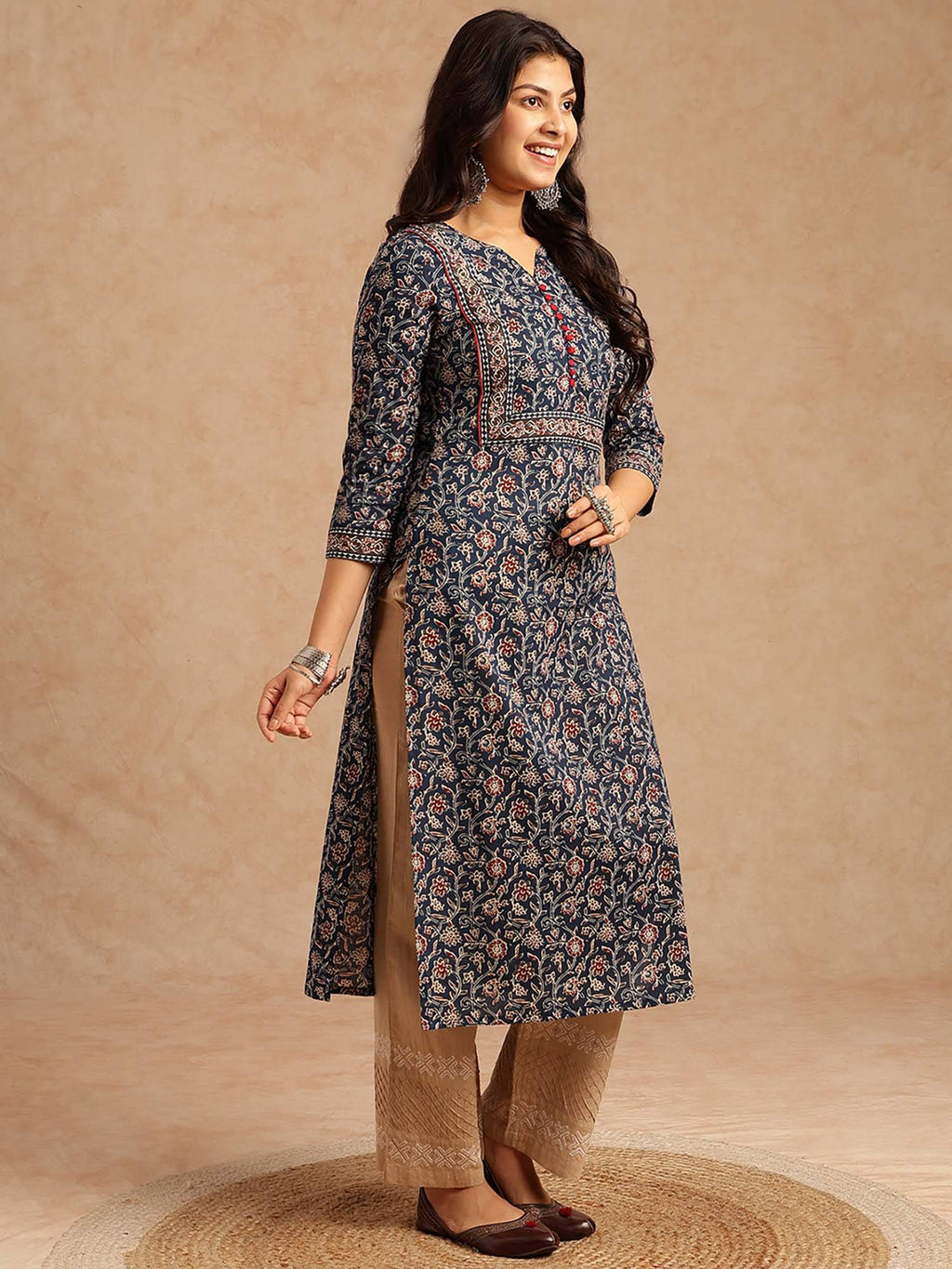 Women Floral Print With Lace Work Straight Cotton Brown Kurta | U3S - view 11