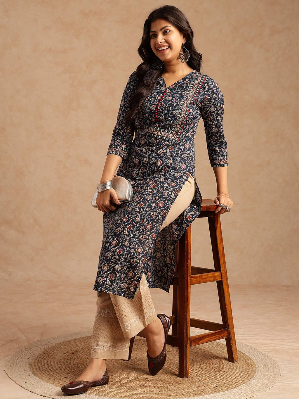 Women Floral Print With Lace Work Straight Cotton Brown Kurta | FY93 - view 12
