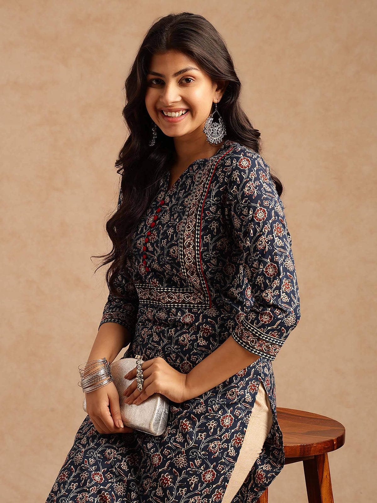 Women Floral Print With Lace Work Straight Cotton Brown Kurta | U3S - view 14