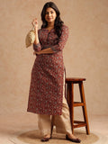 Women Floral Print With Lace Work Straight Cotton Brown Kurta | FY93 - view 1
