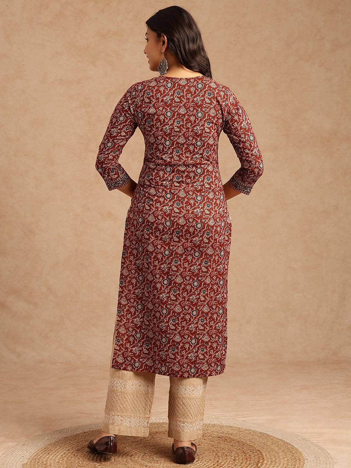 Women Floral Print With Lace Work Straight Cotton Brown Kurta | FY93 - view 2