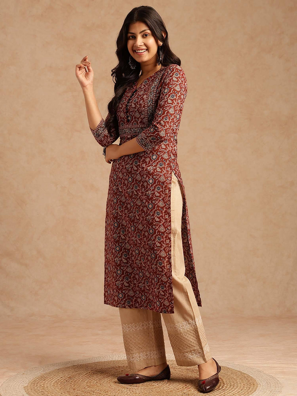 Women Floral Print With Lace Work Straight Cotton Brown Kurta | U3S - view 3