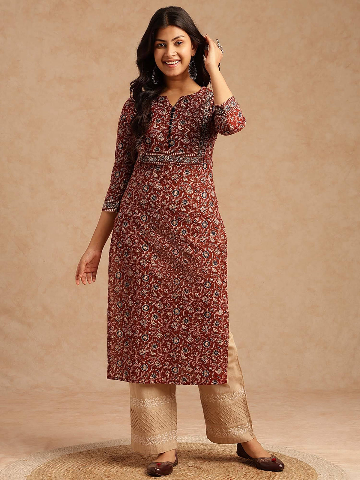Women Floral Print With Lace Work Straight Cotton Brown Kurta | U3S - view 5