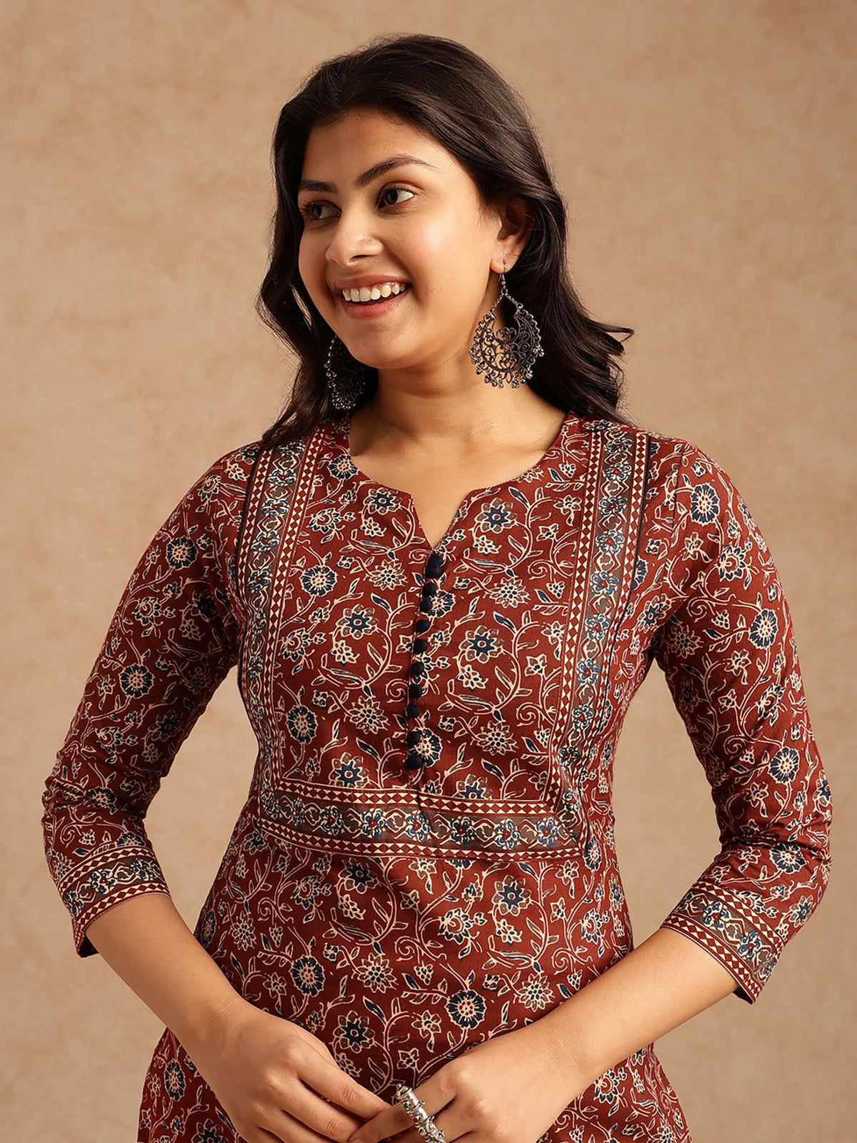 Women Floral Print With Lace Work Straight Cotton Brown Kurta | U3S - view 6
