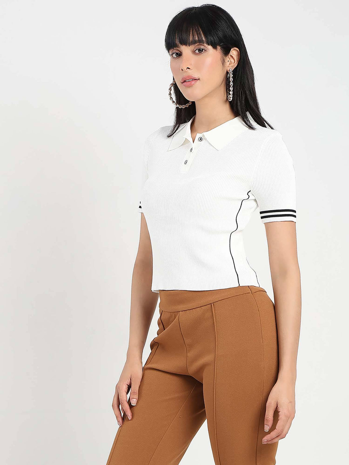 Women White Textured Polo T-Shirt | PW43 - view 3