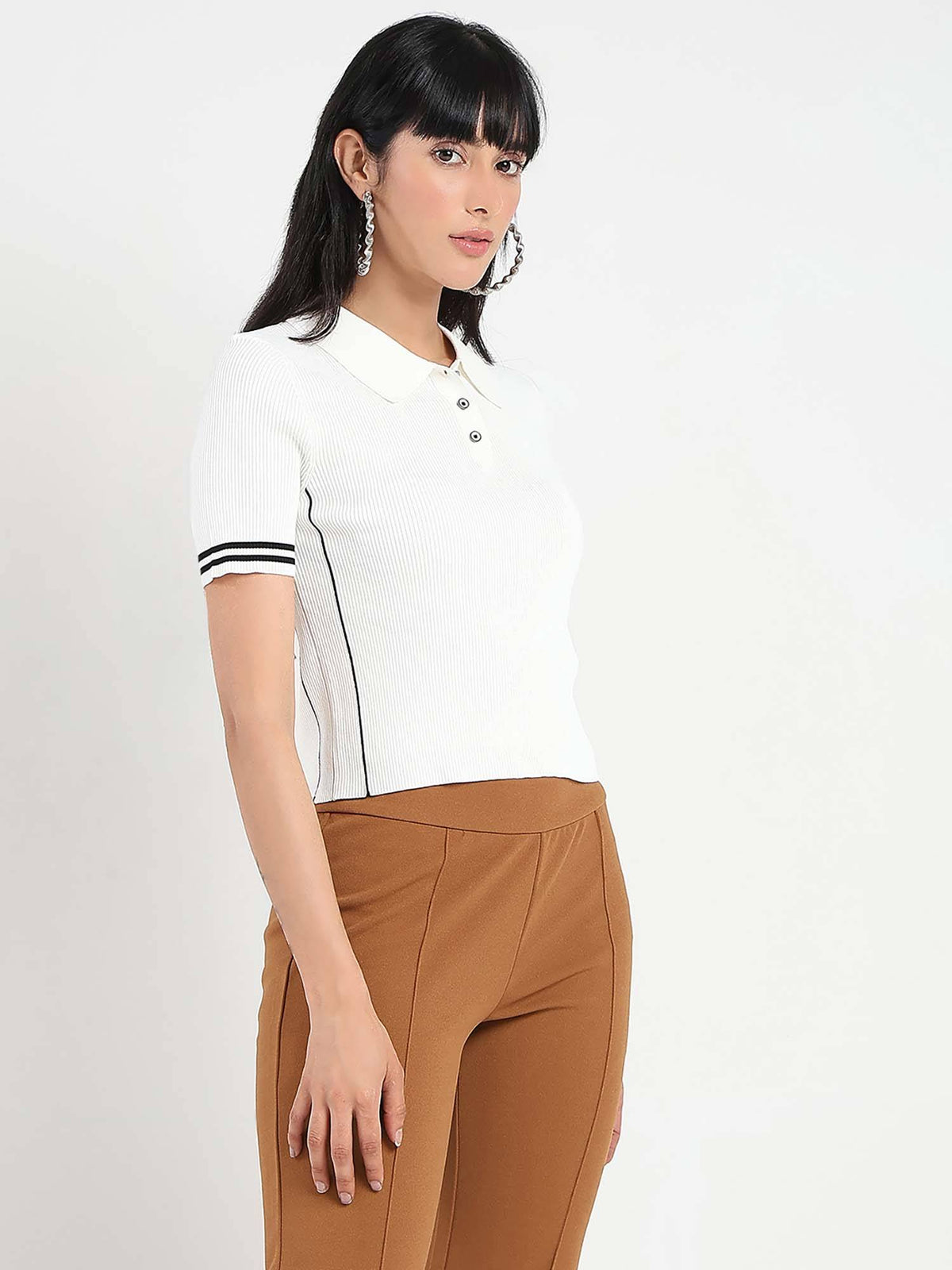 Women White Textured Polo T-Shirt | PW43 - view 4
