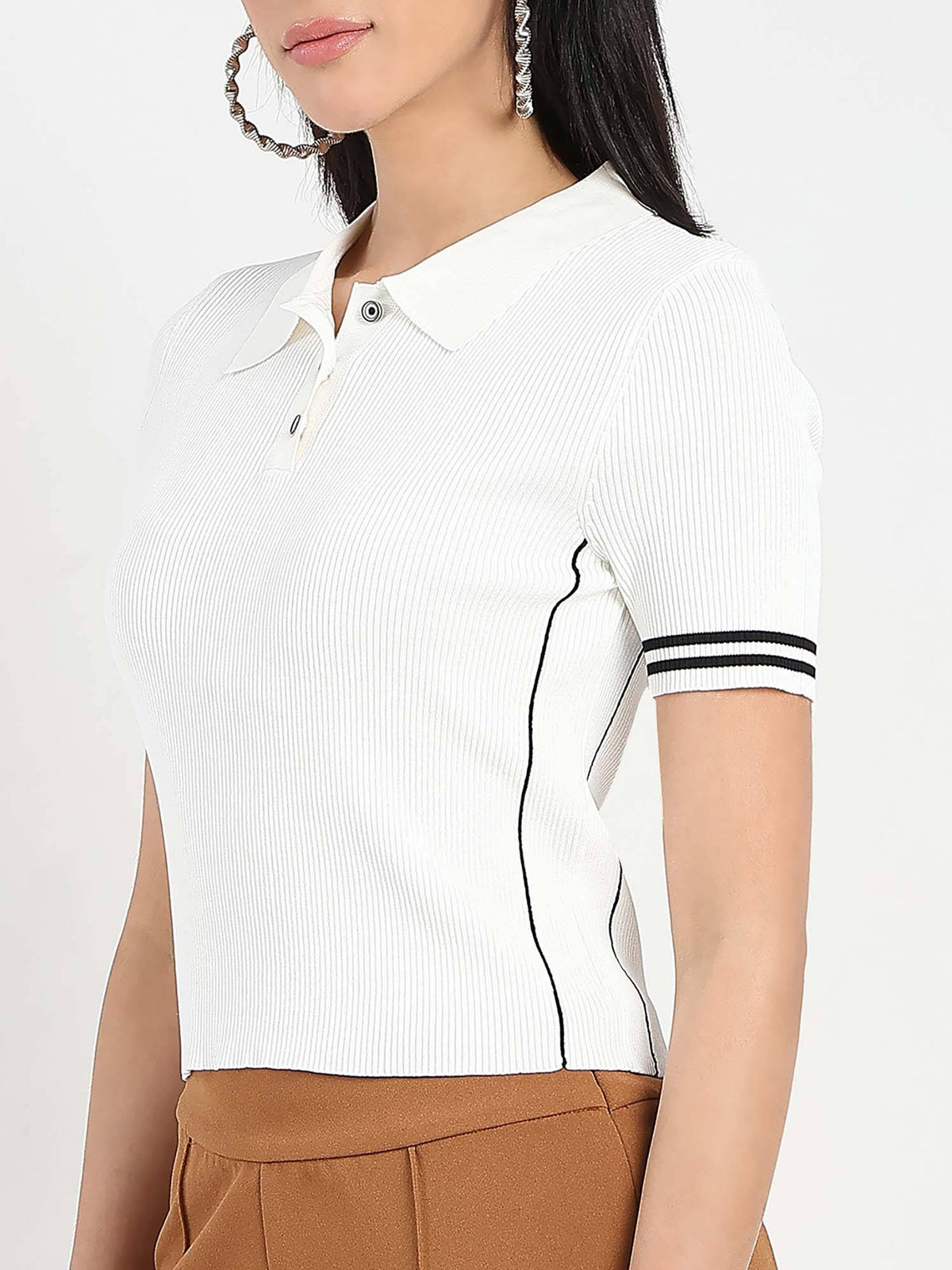 Women White Textured Polo T-Shirt | PW43 - view 5