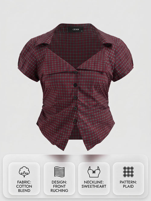 100% Cotton Tartan Split Ruched Shirt Curve & Plus | S67 - view 1