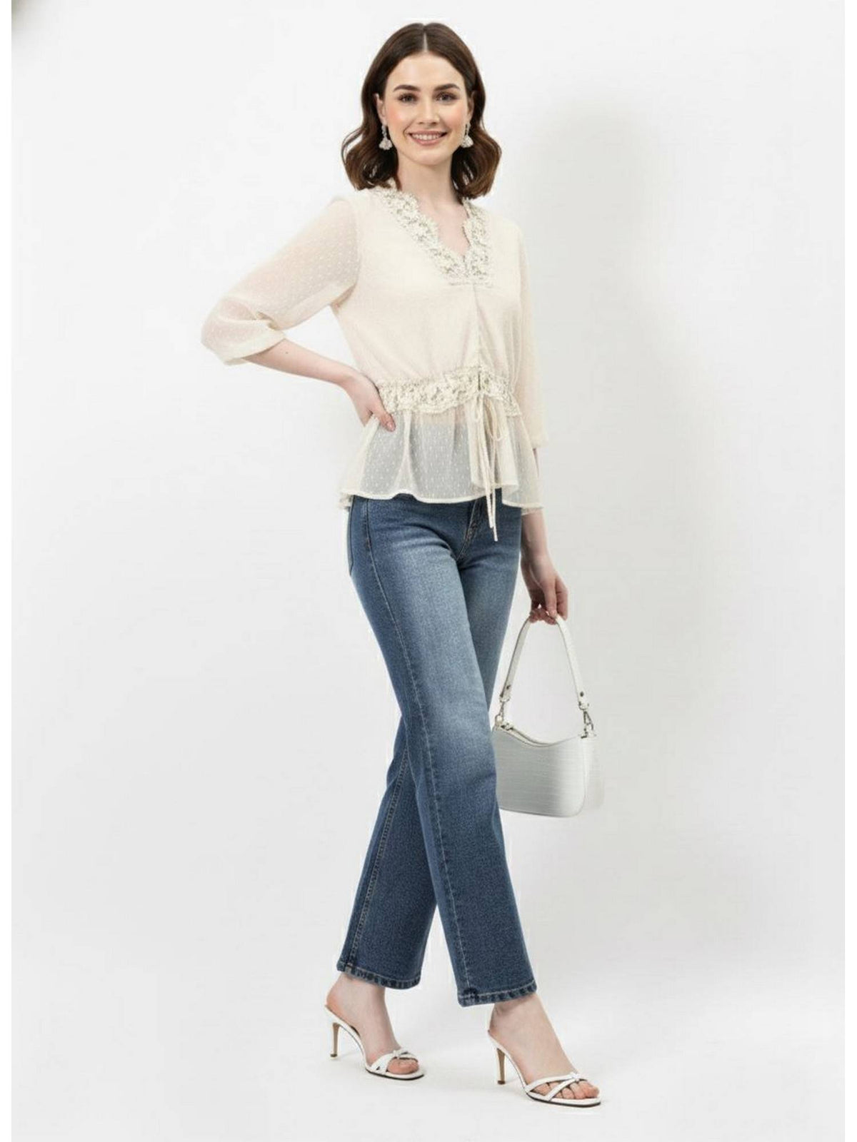Off-White Dobby Chiffon Lace Top | pt51 - view 3