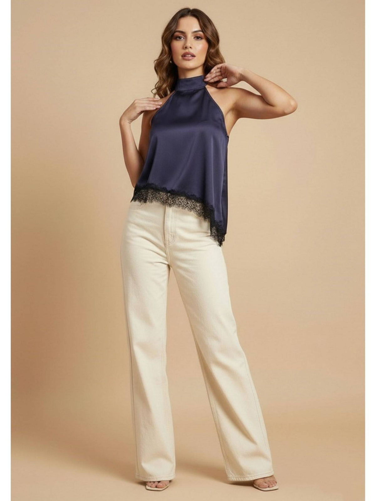 Blue Satin Lace Top | HT67 - view 1
