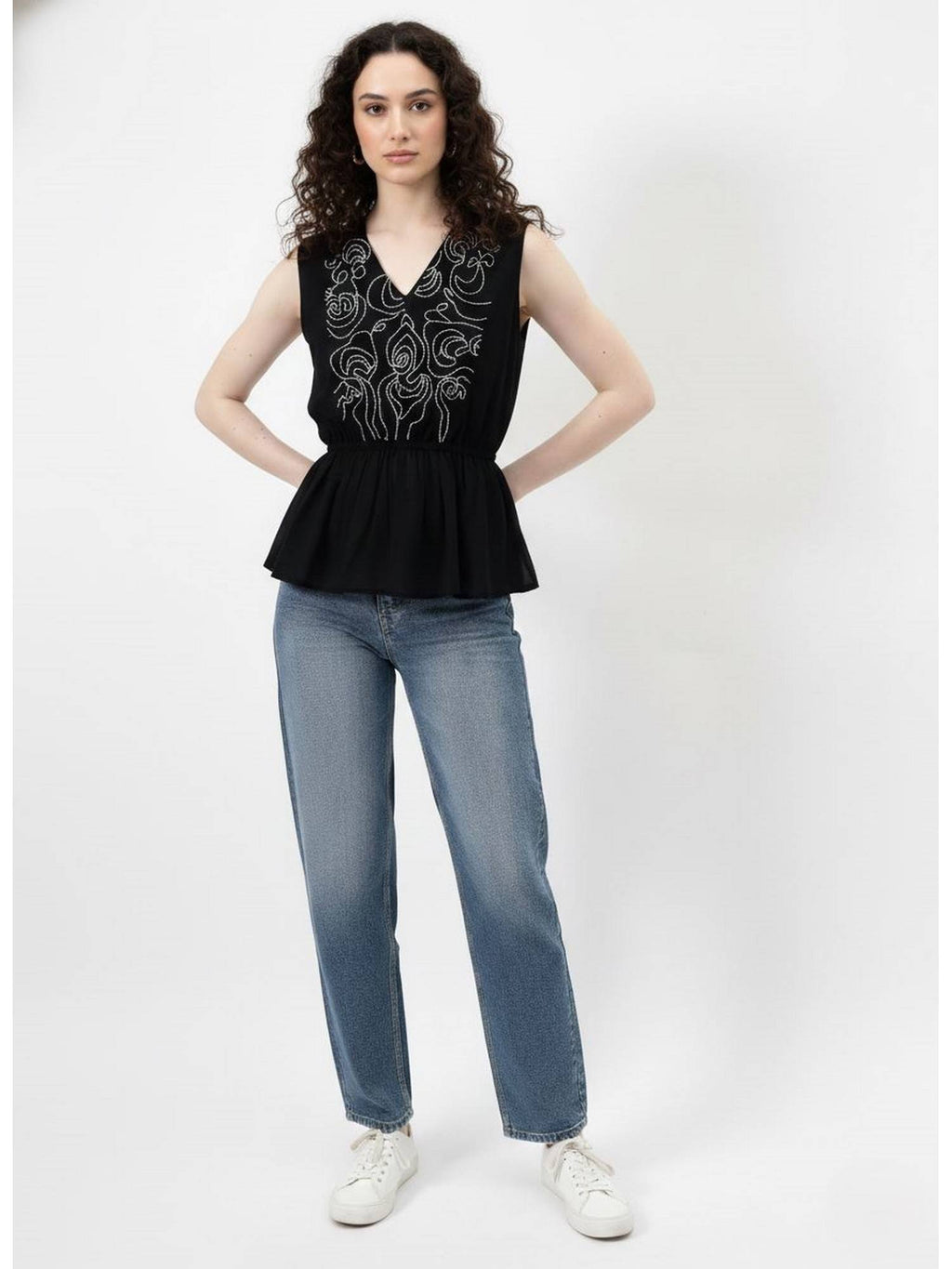 Black Embroidered V-Neck Peplum Top | pt51 - view 1