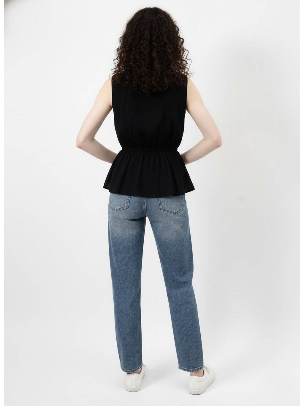 Black Embroidered V-Neck Peplum Top | pt51 - view 2