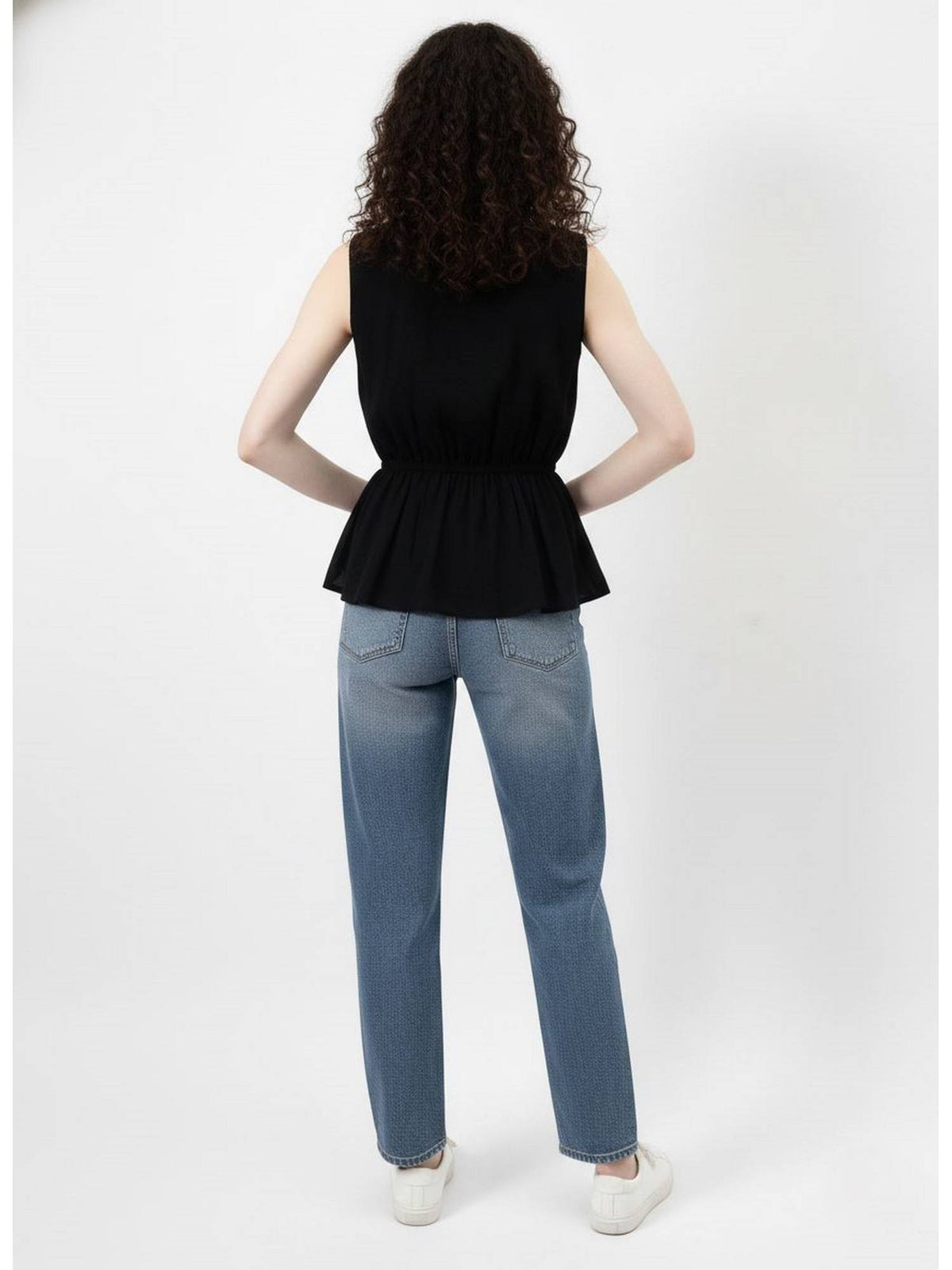 Black Embroidered V-Neck Peplum Top | pt51 - view 2