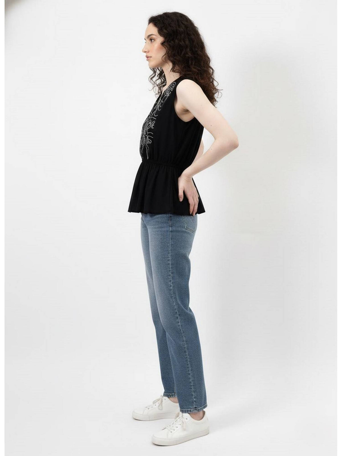 Black Embroidered V-Neck Peplum Top | pt51 - view 3