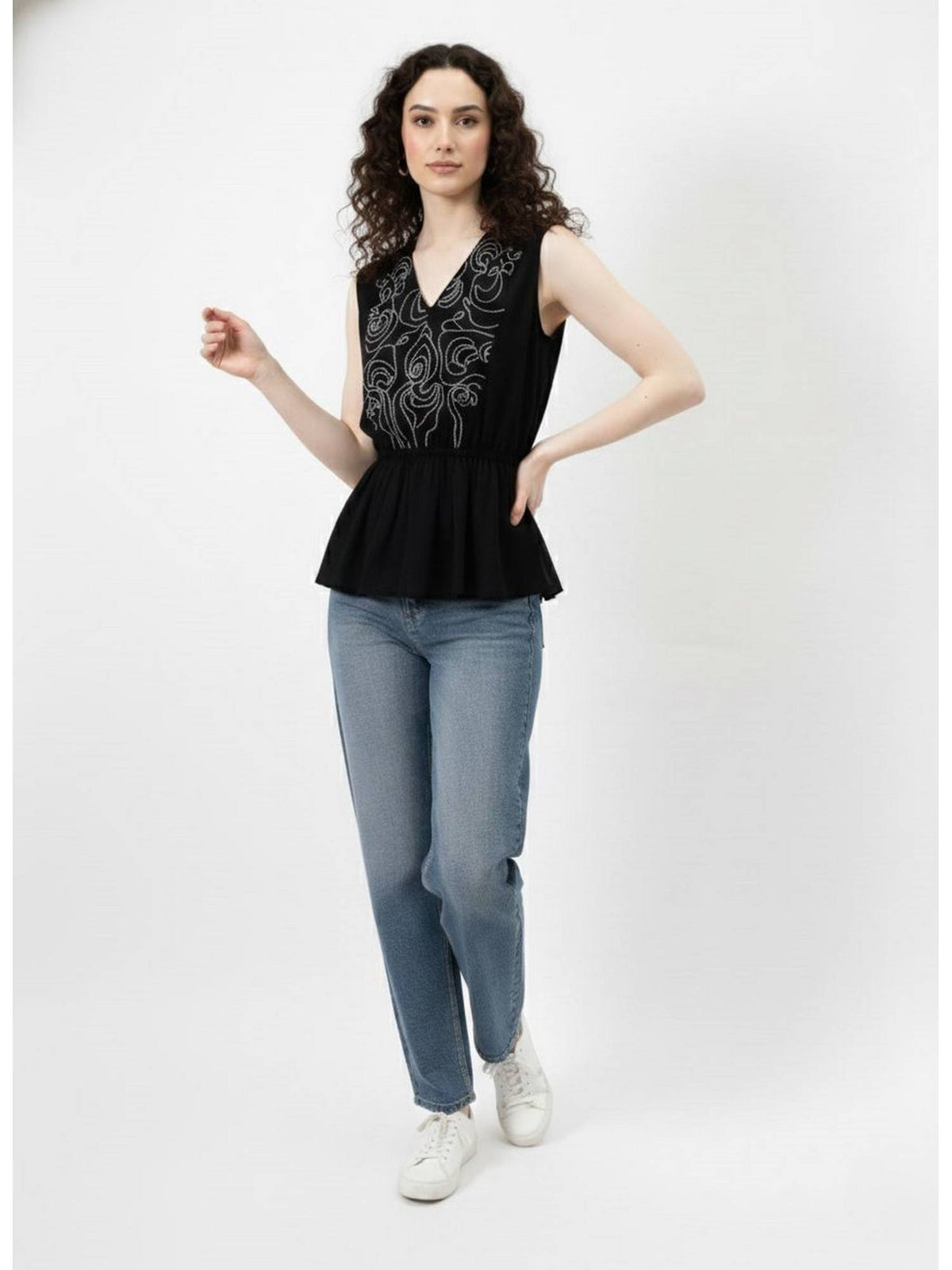 Black Embroidered V-Neck Peplum Top | pt51 - view 4