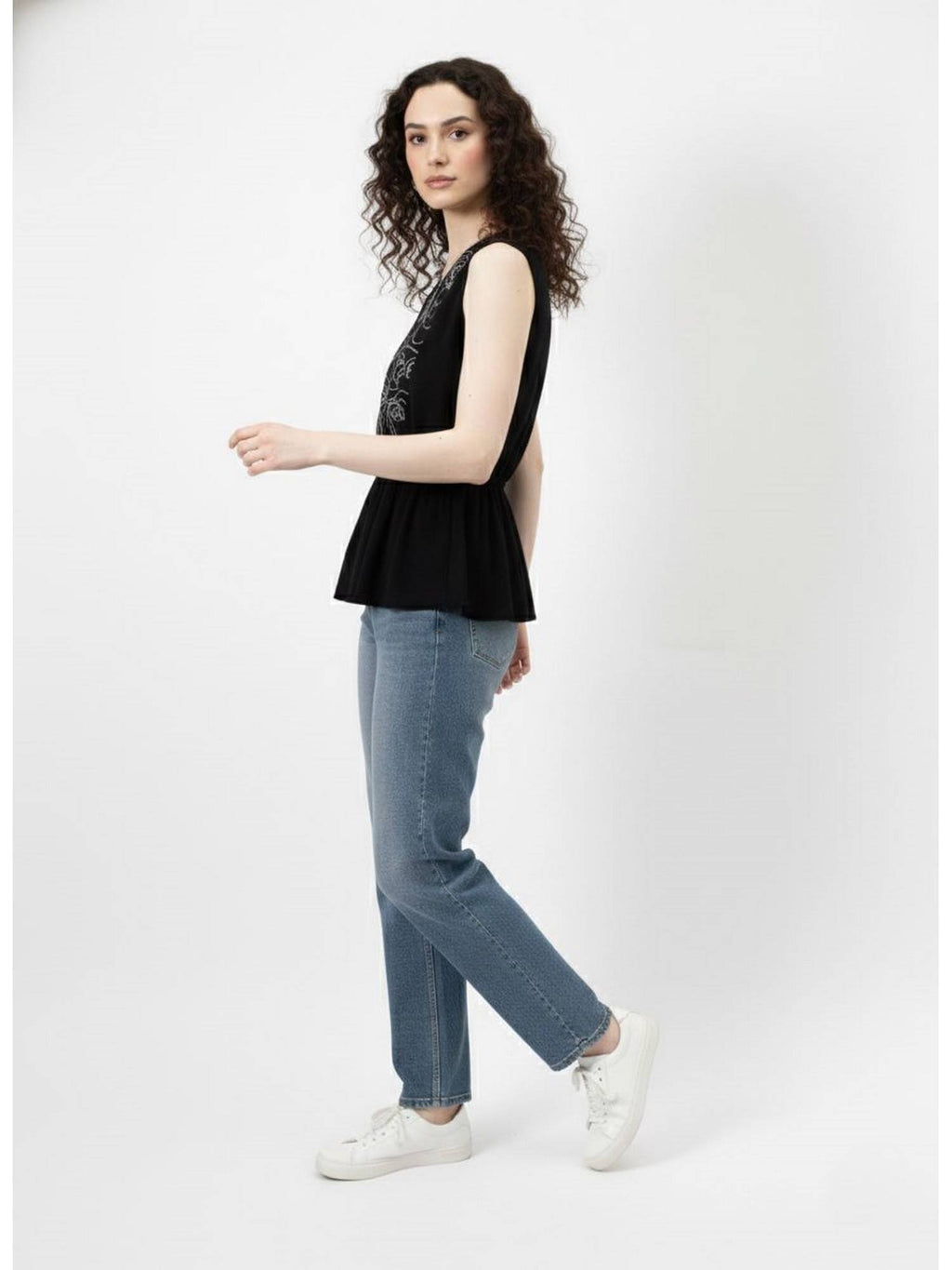 Black Embroidered V-Neck Peplum Top | pt51 - view 5