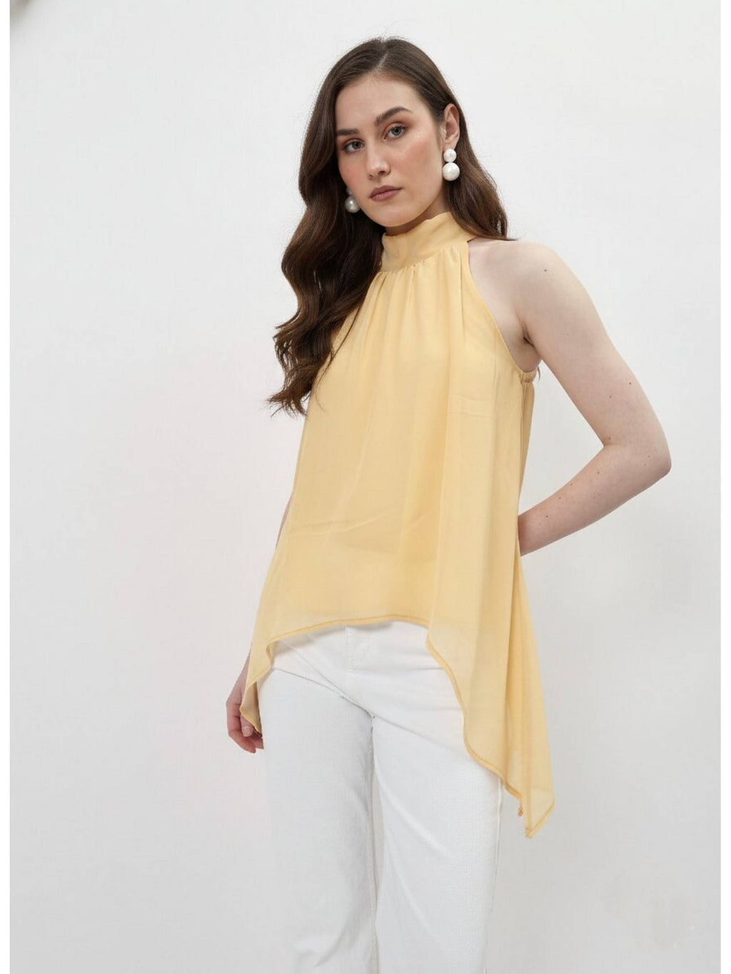 Yellow Halter Neck Tie-Up Asymmetrical Top | HT67 - view 1