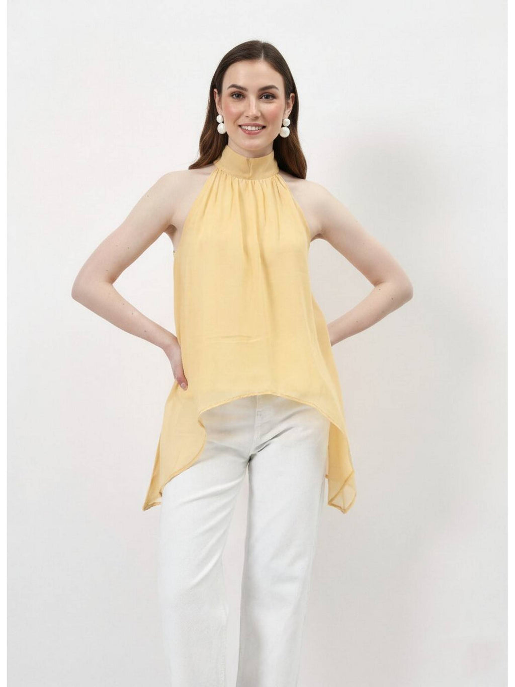Yellow Halter Neck Tie-Up Asymmetrical Top | HT67 - view 3