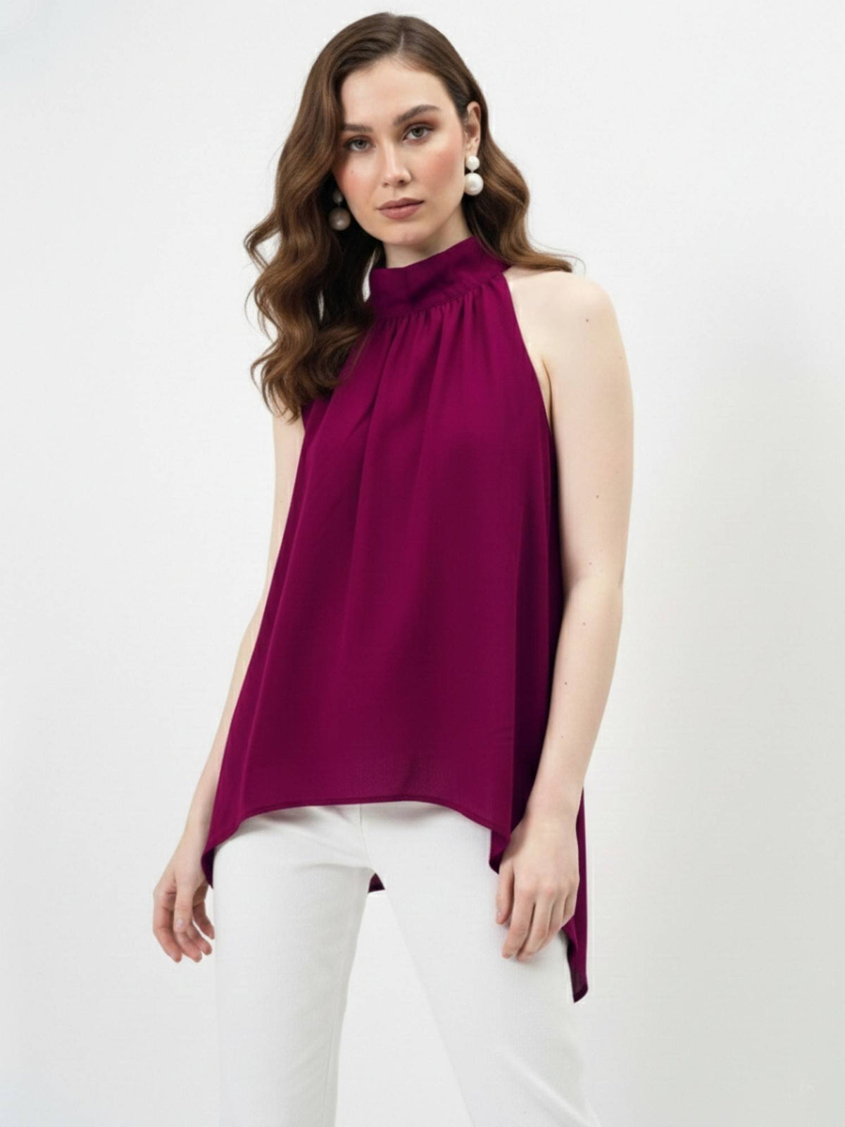 Magenta Halter Neck Tie-Up Asymmetrical Top | HT67 - view 1
