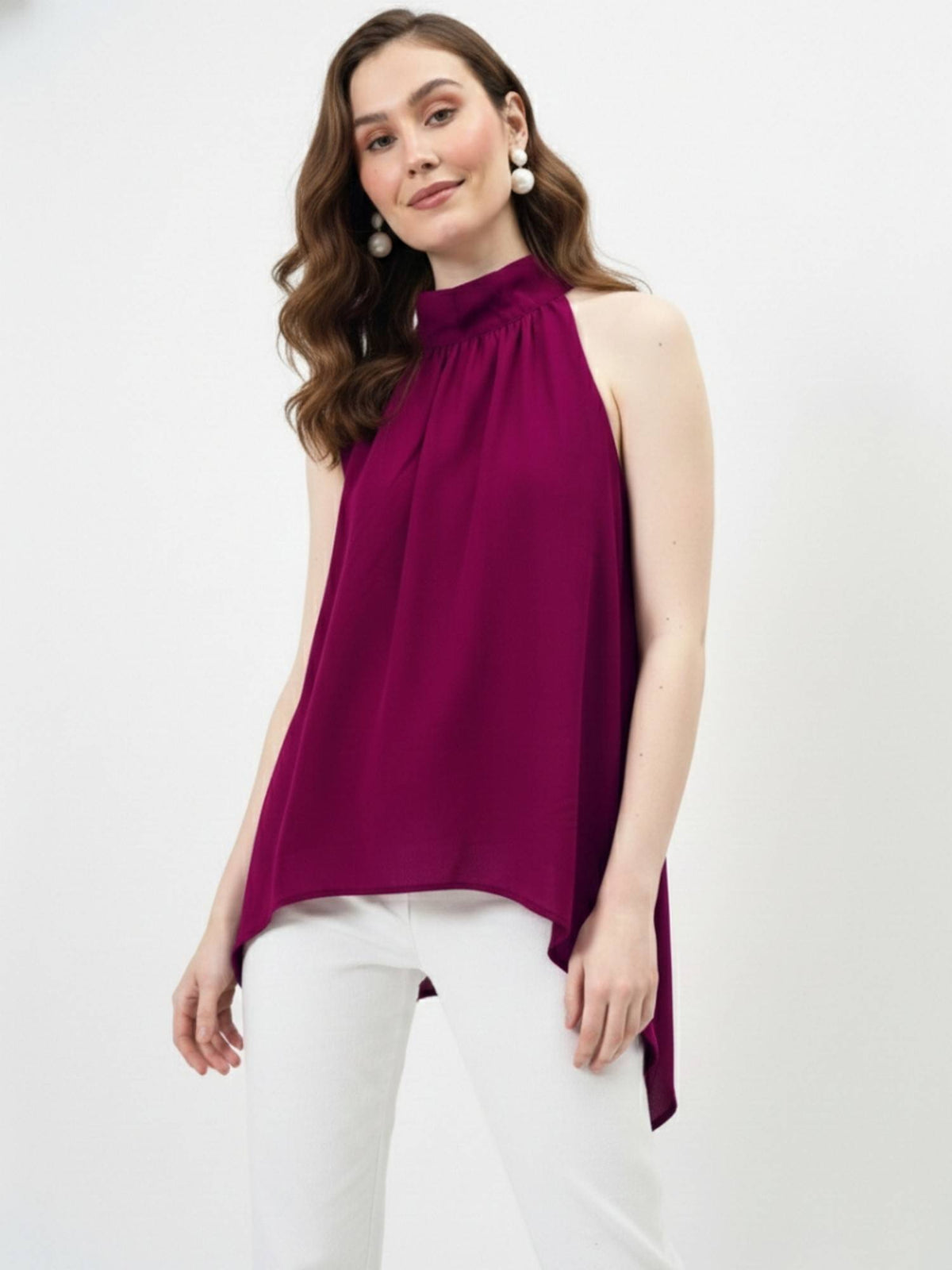 Magenta Halter Neck Tie-Up Asymmetrical Top | HT67 - view 3