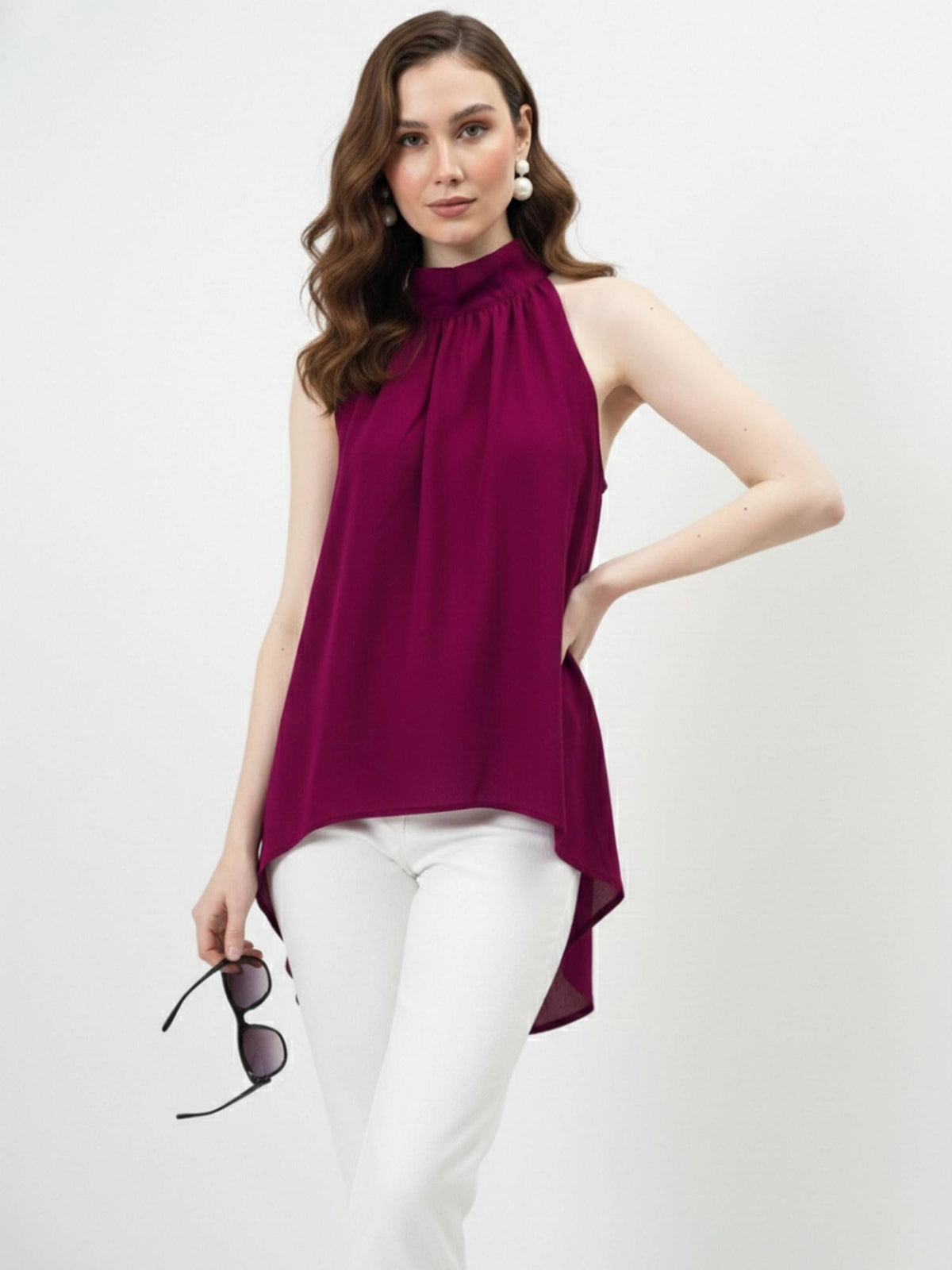 Magenta Halter Neck Tie-Up Asymmetrical Top | HT67 - view 4