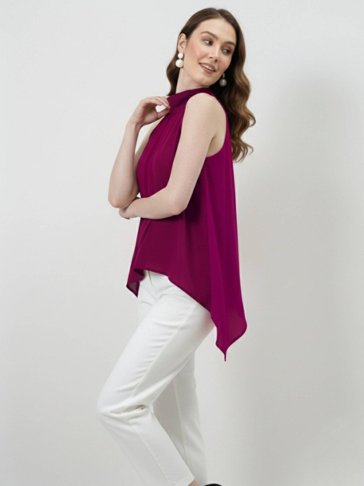 Magenta Halter Neck Tie-Up Asymmetrical Top | HT67 - view 5