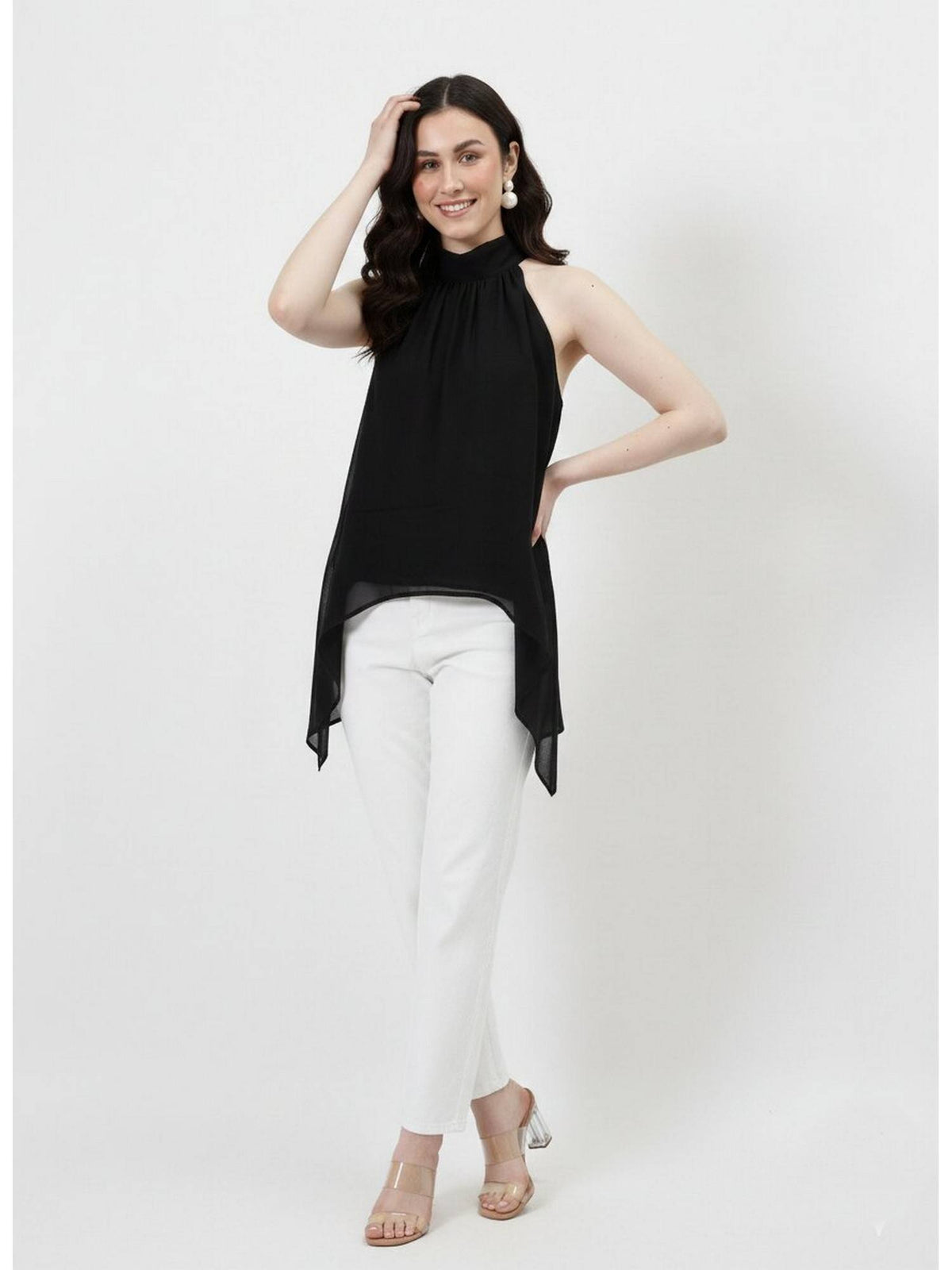 Black Halter Neck Tie-Up Asymmetrical Top | HT67 - view 1