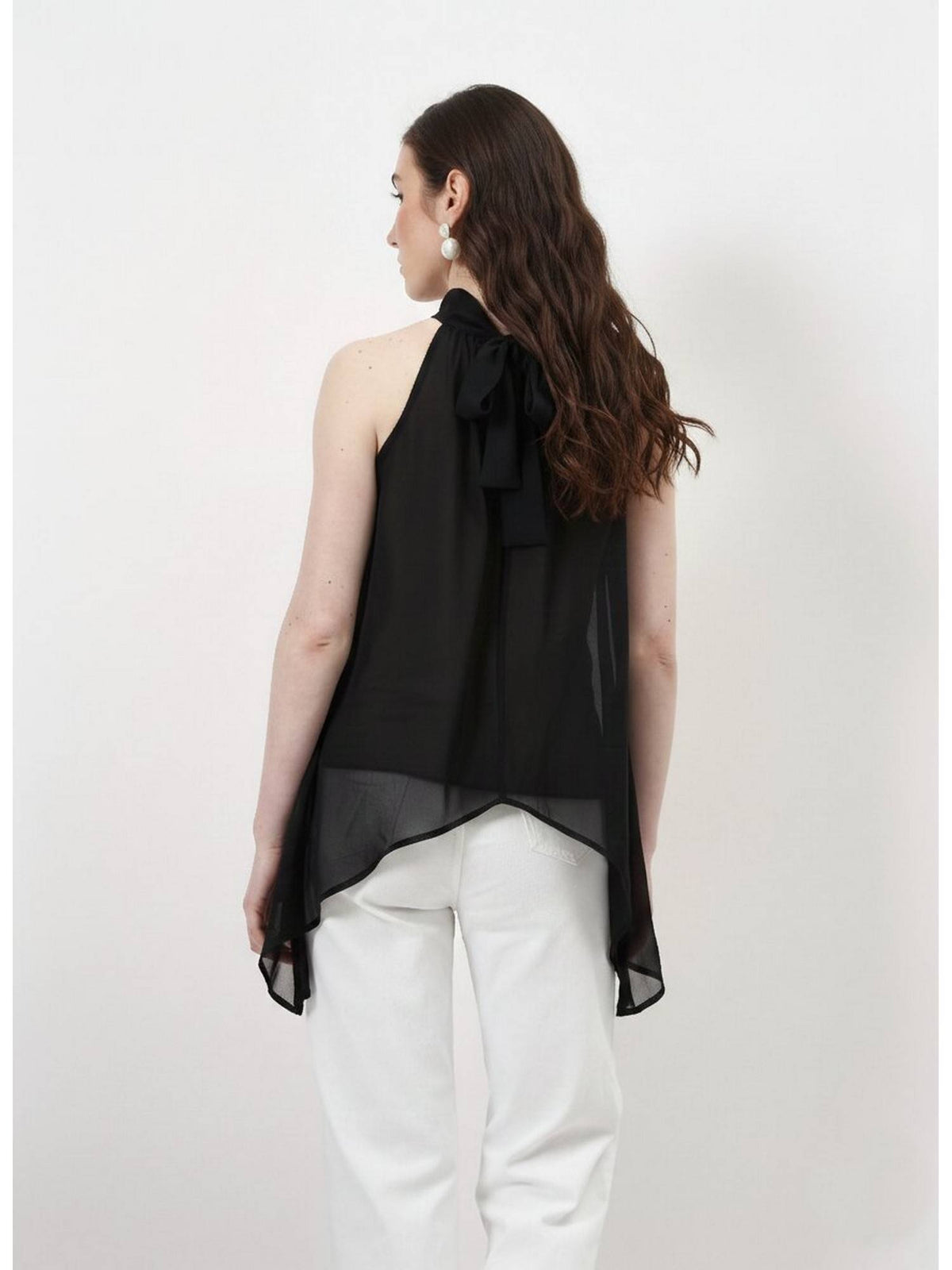 Black Halter Neck Tie-Up Asymmetrical Top | HT67 - view 2