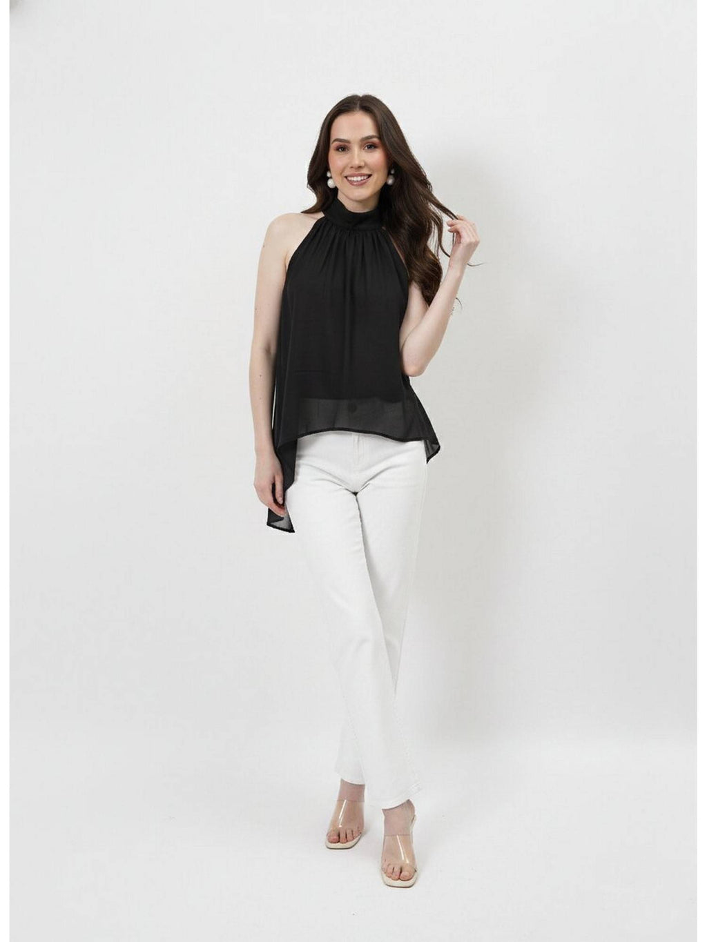 Black Halter Neck Tie-Up Asymmetrical Top | HT67 - view 3