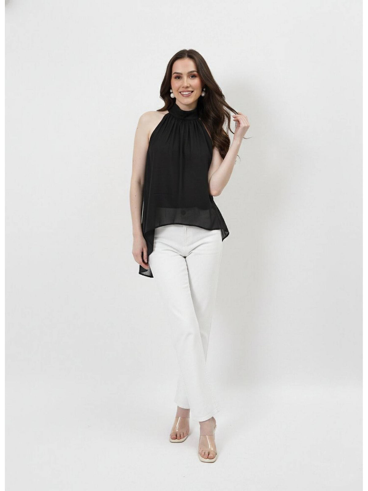 Black Halter Neck Tie-Up Asymmetrical Top | HT67 - view 3