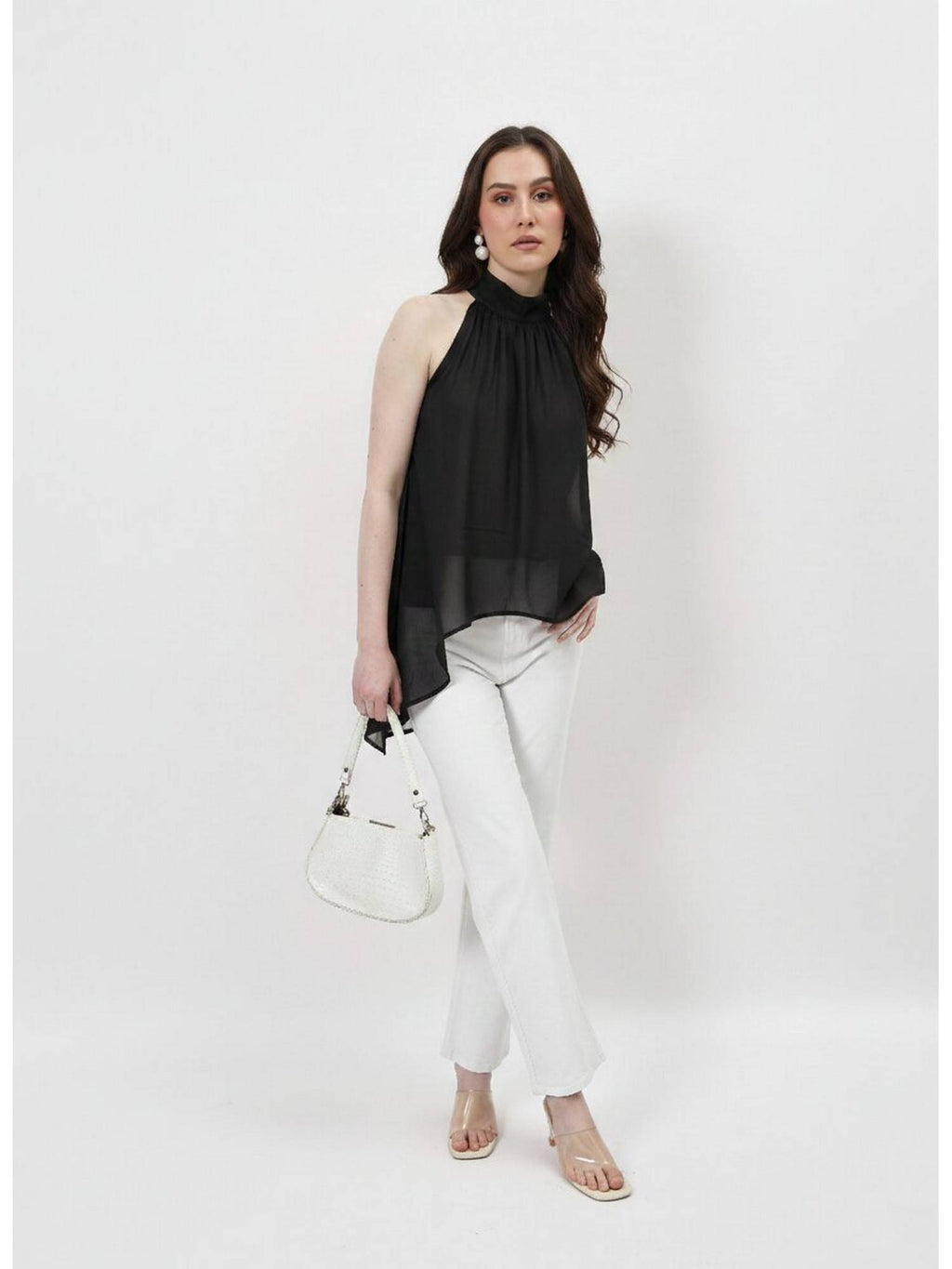 Black Halter Neck Tie-Up Asymmetrical Top | HT67 - view 4
