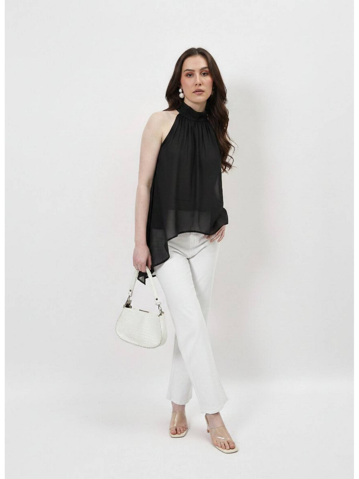 Black Halter Neck Tie-Up Asymmetrical Top | HT67 - view 4