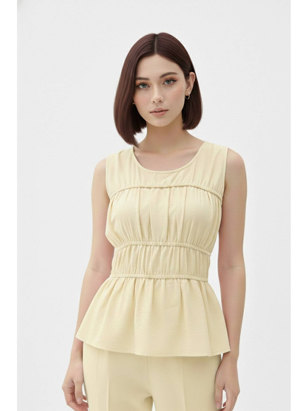 Yellow Solid Smocking Peplum Top | pt51 - view 1