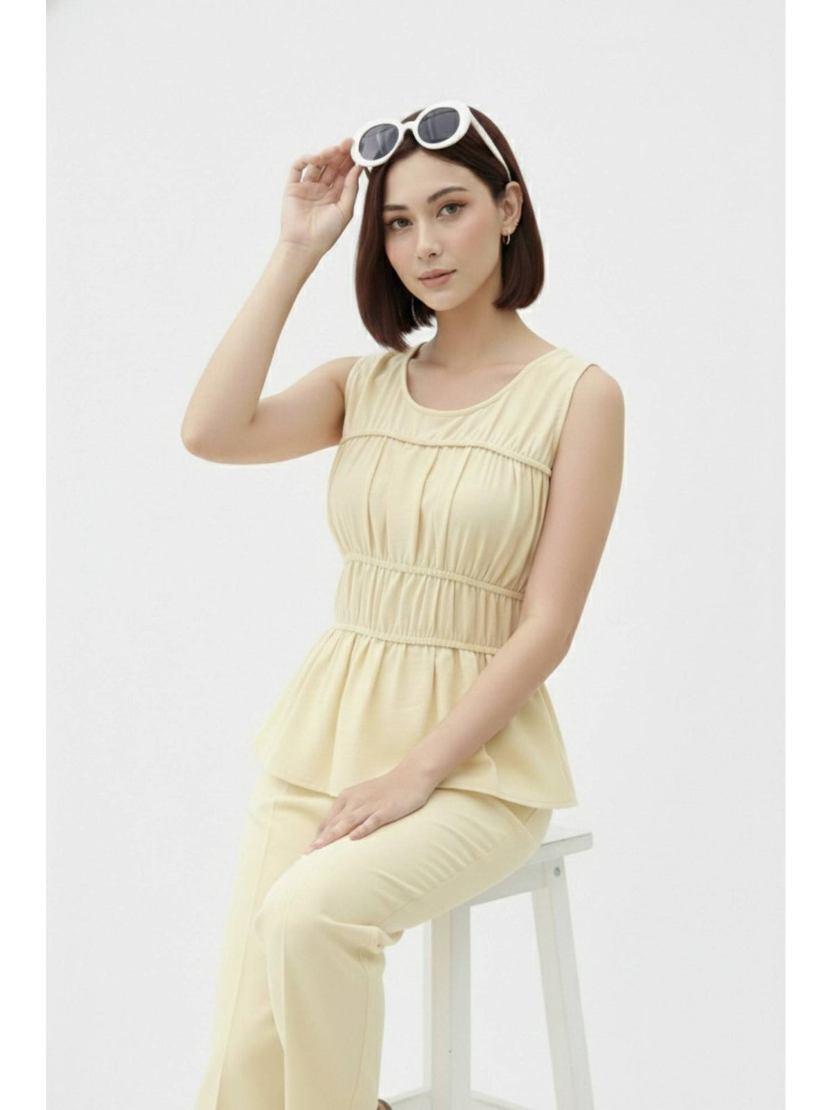 Yellow Solid Smocking Peplum Top | pt51 - view 4