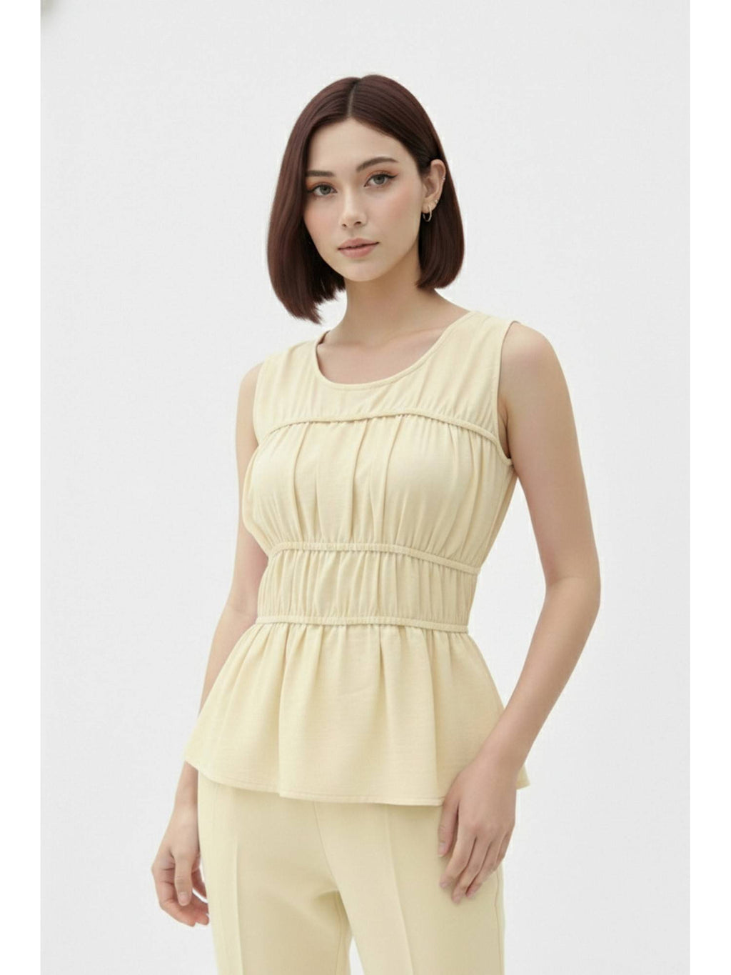 Yellow Solid Smocking Peplum Top | pt51 - view 5