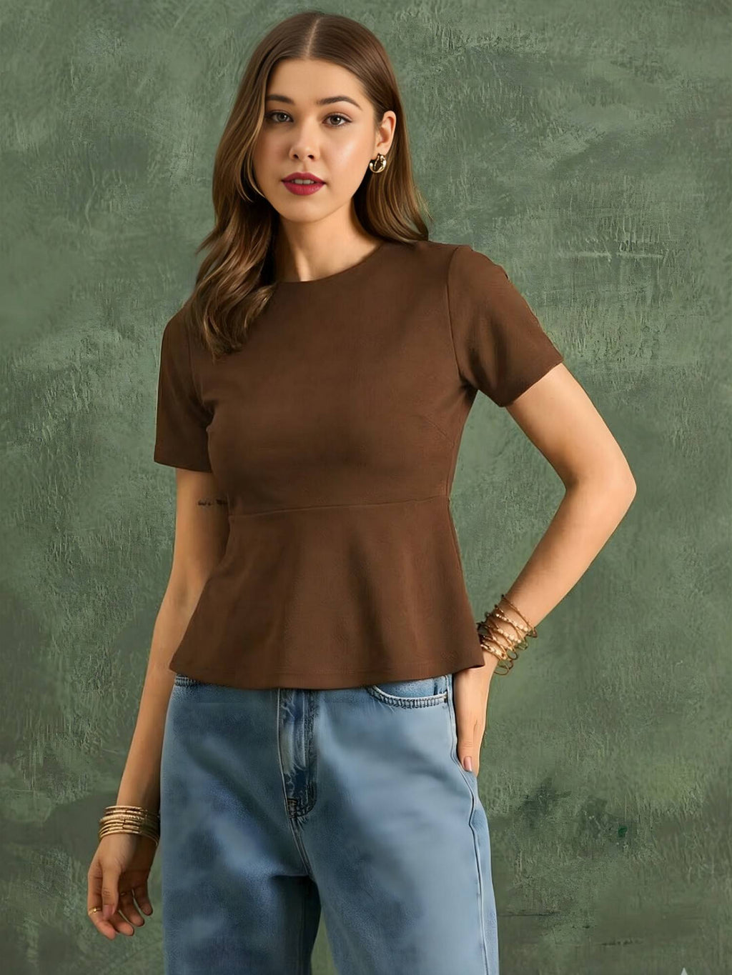 Brown Stretchable Flared Peplum Top | pt51 - view 2