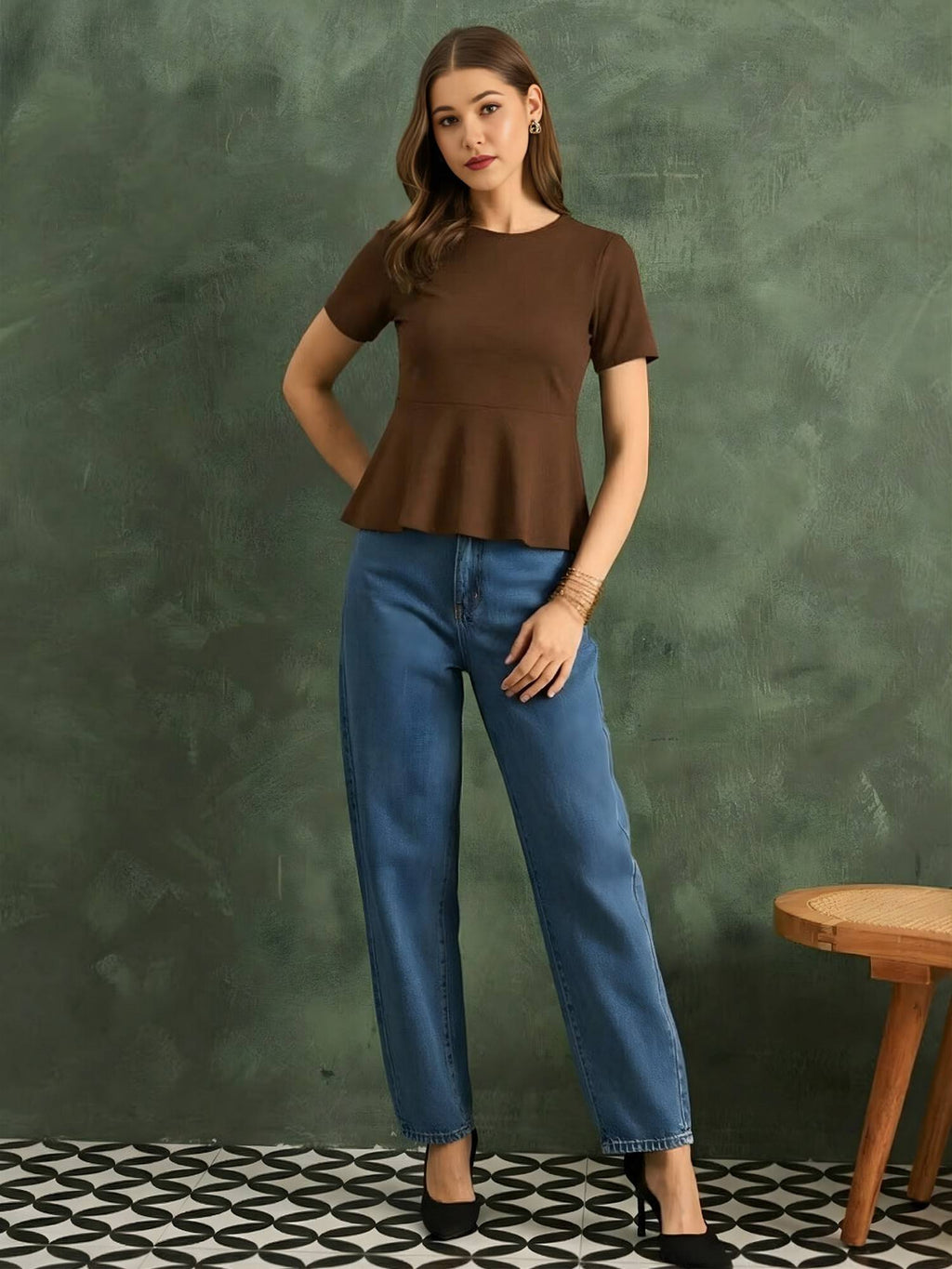 Brown Stretchable Flared Peplum Top | pt51 - view 3