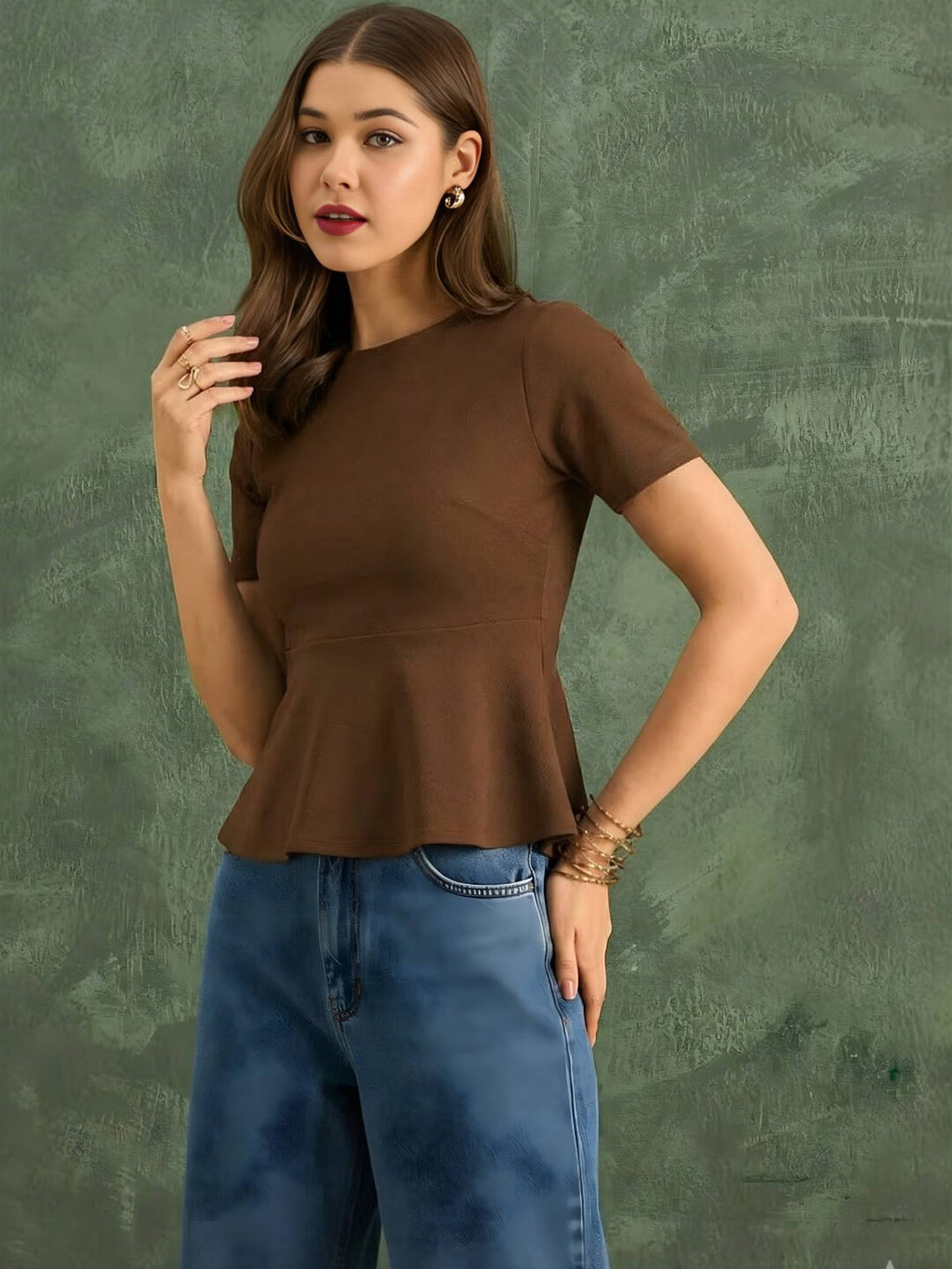 Brown Stretchable Flared Peplum Top | pt51 - view 4